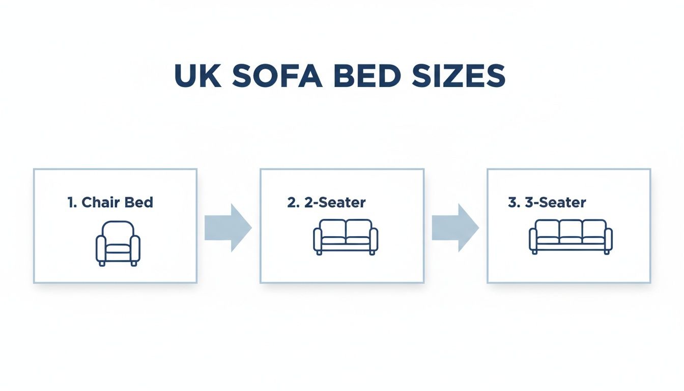 Diagram illustrating UK sofa bed sizes, showing chair bed, 2-seater, and 3-seater options with icons.