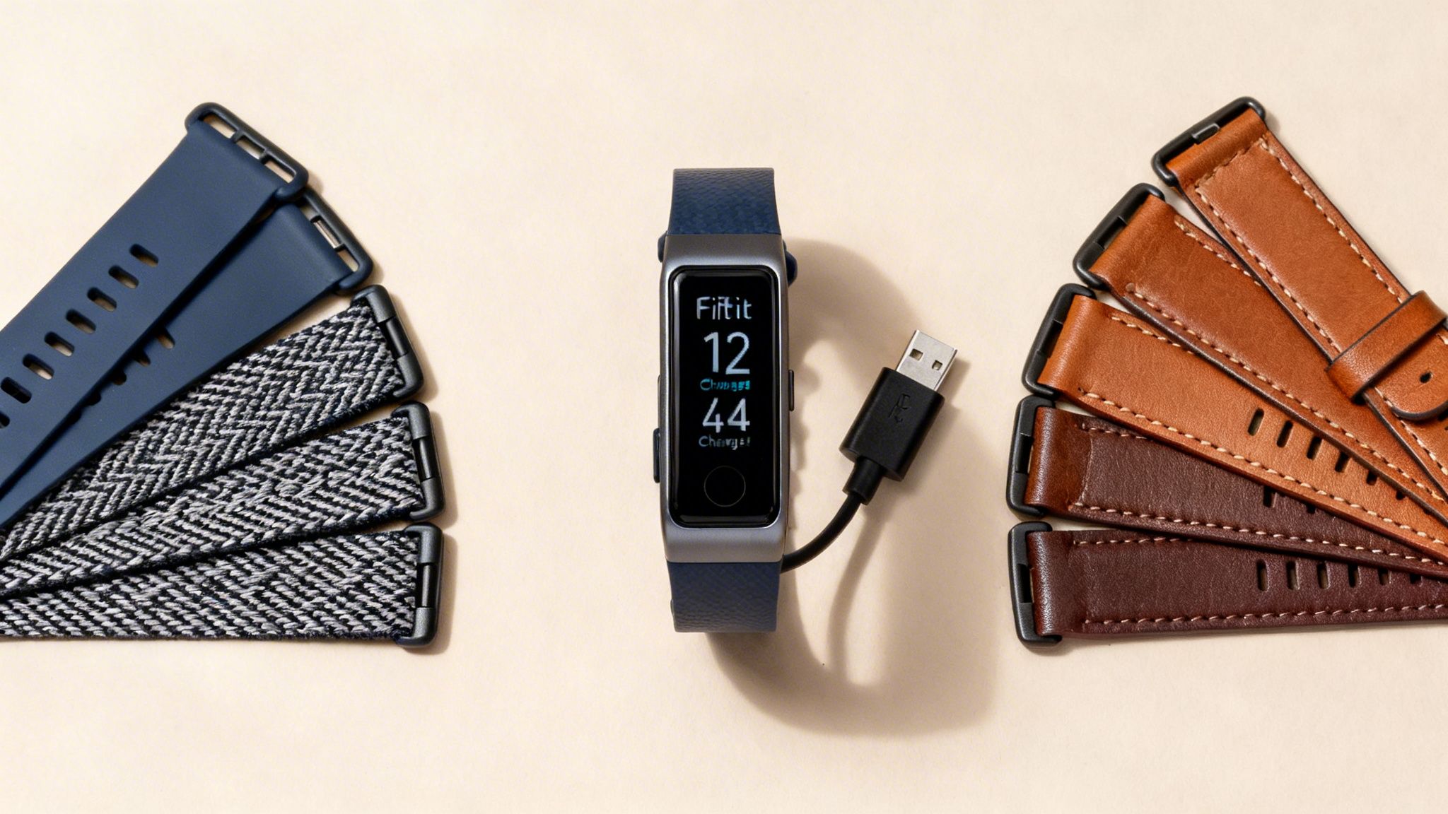 A Fitbit Charge 4 fitness tracker with its charger, surrounded by various replacement watch bands.