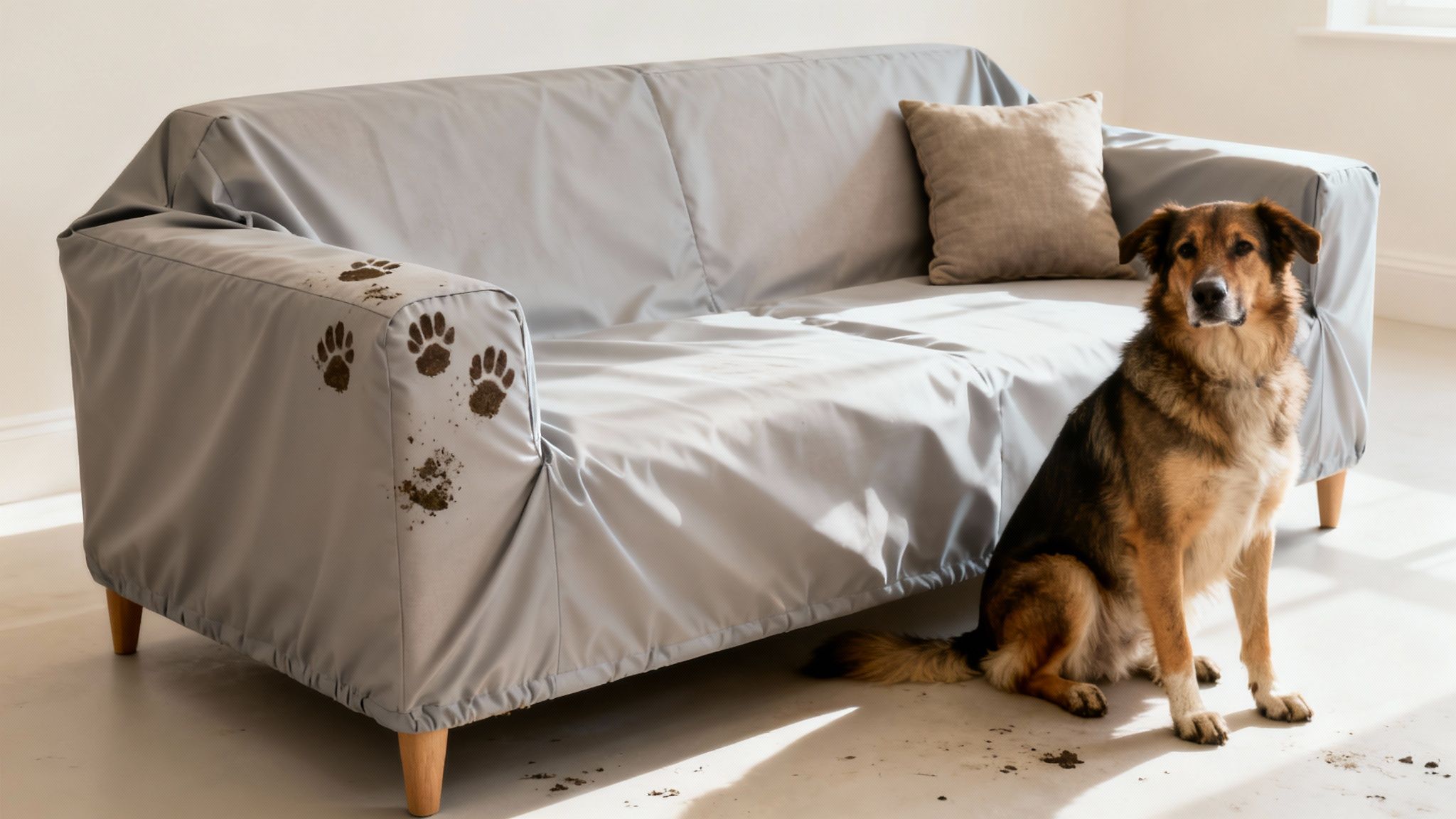 A dog sits beside a sofa with muddy paw prints on its grey cover and the floor.