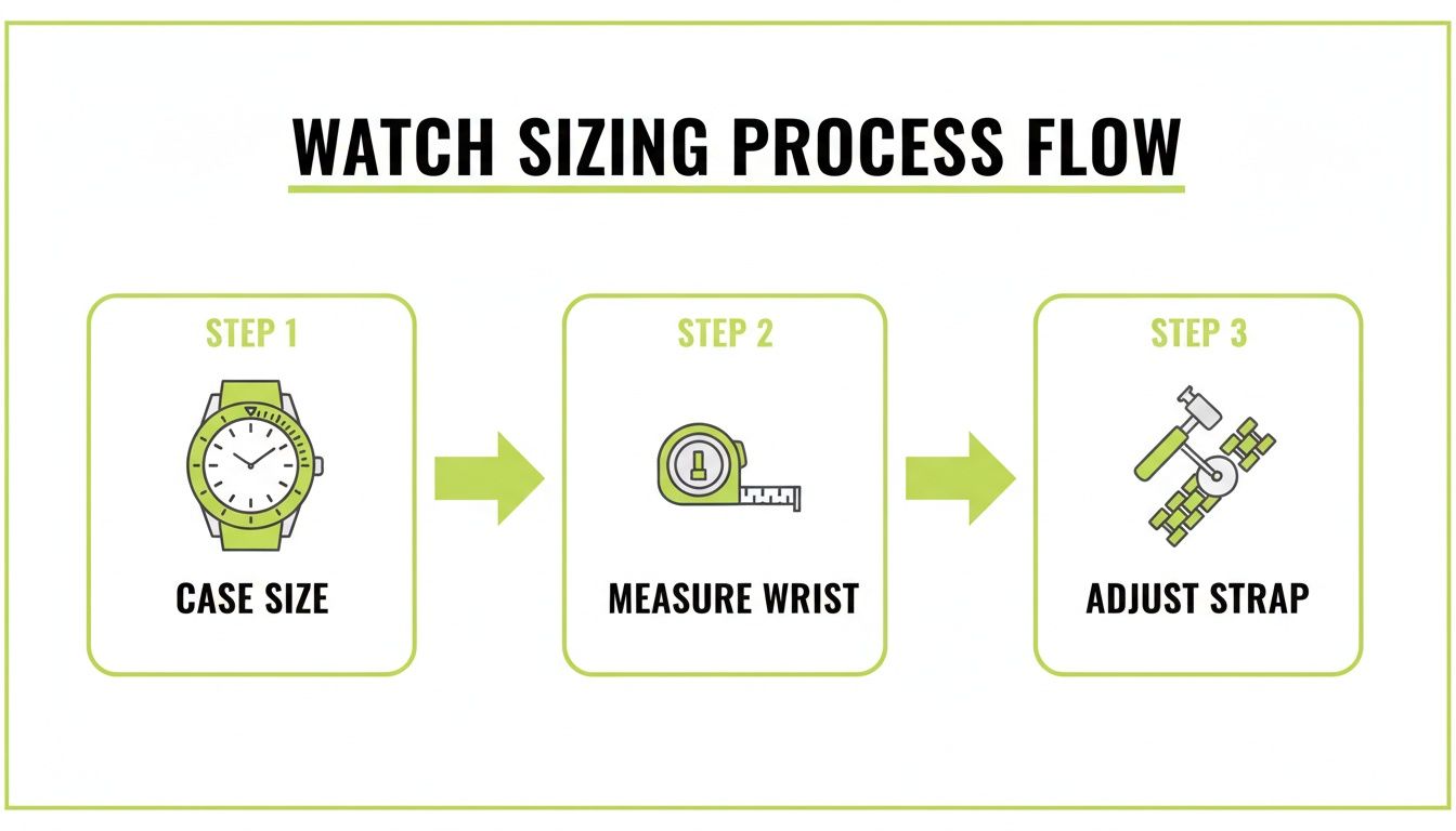A flow chart illustrating the watch sizing process in three steps: case size, measure wrist, and adjust strap.