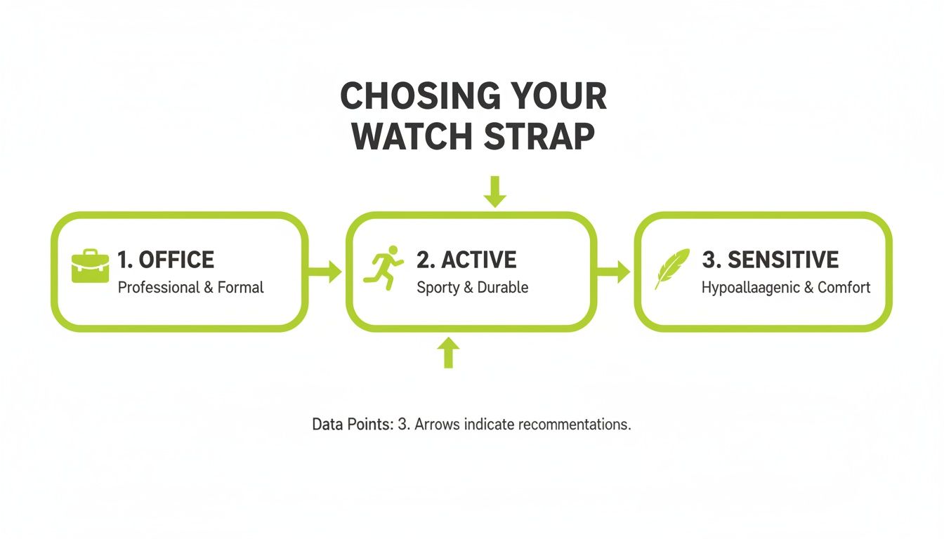 Flowchart for choosing a watch strap, outlining options for office, active, and sensitive needs.