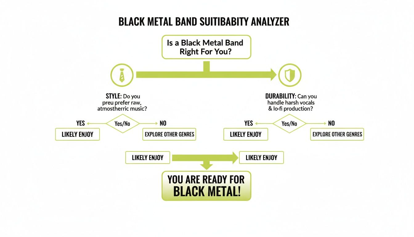 A flowchart determines if a black metal band is right for you based on music preferences.