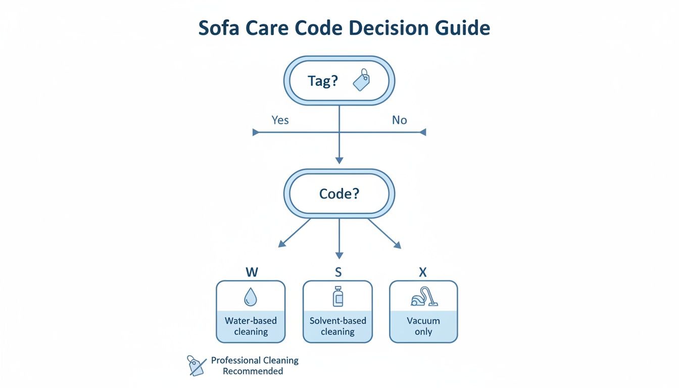 A flowchart guide for sofa care codes: W for water, S for solvent, X for vacuum.