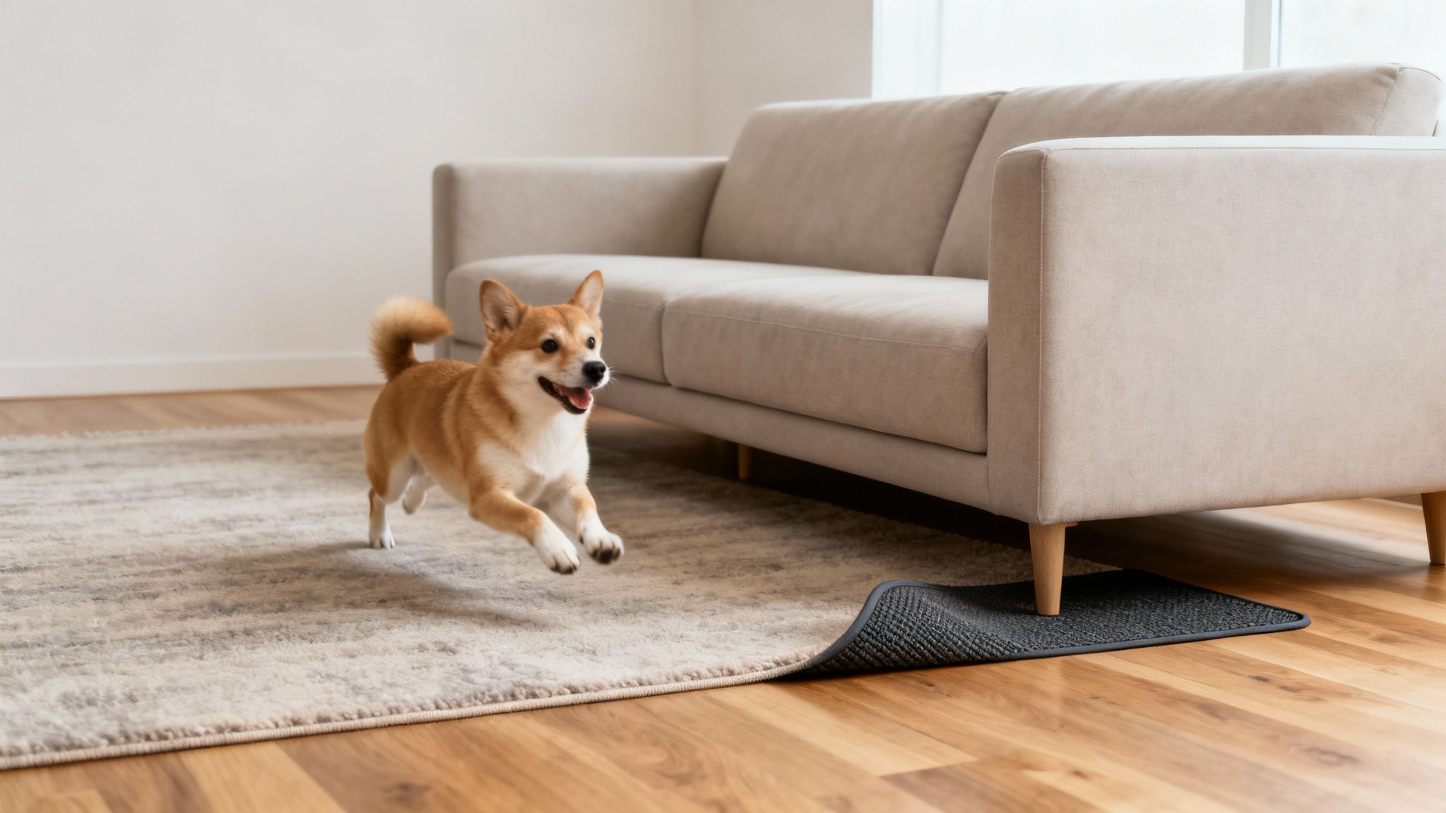 A happy Shiba Inu dog runs across a textured rug in a bright modern living room.