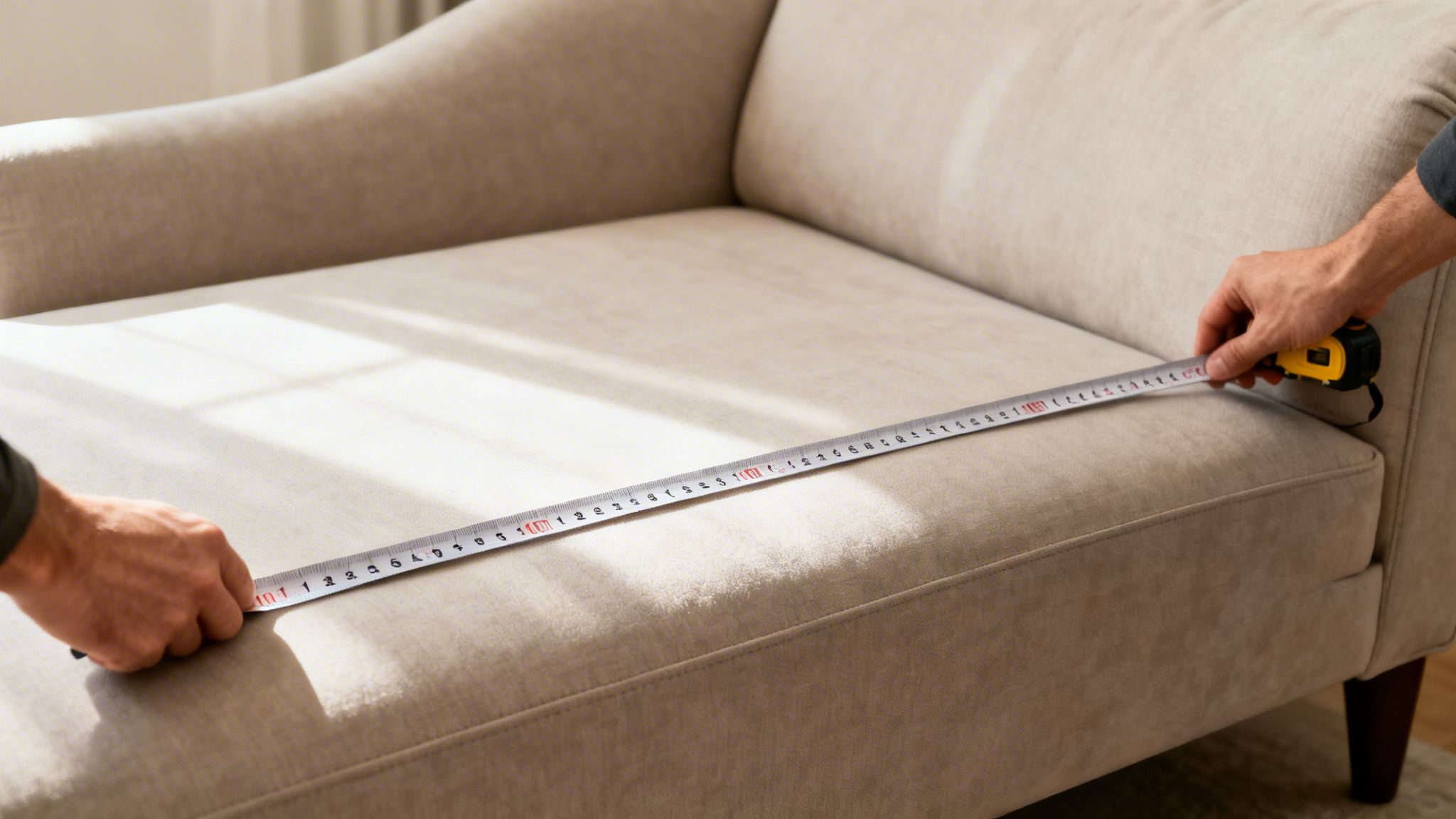 A person uses a yellow measuring tape to measure the length of a beige chaise sofa.