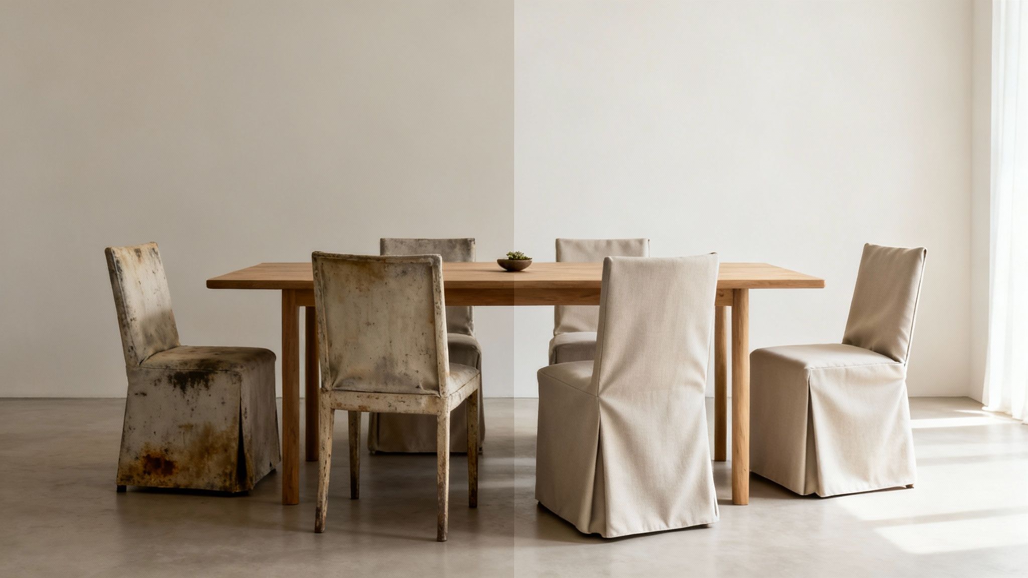 A dining table with chairs, half with old, stained covers and half with clean, new slipcovers.