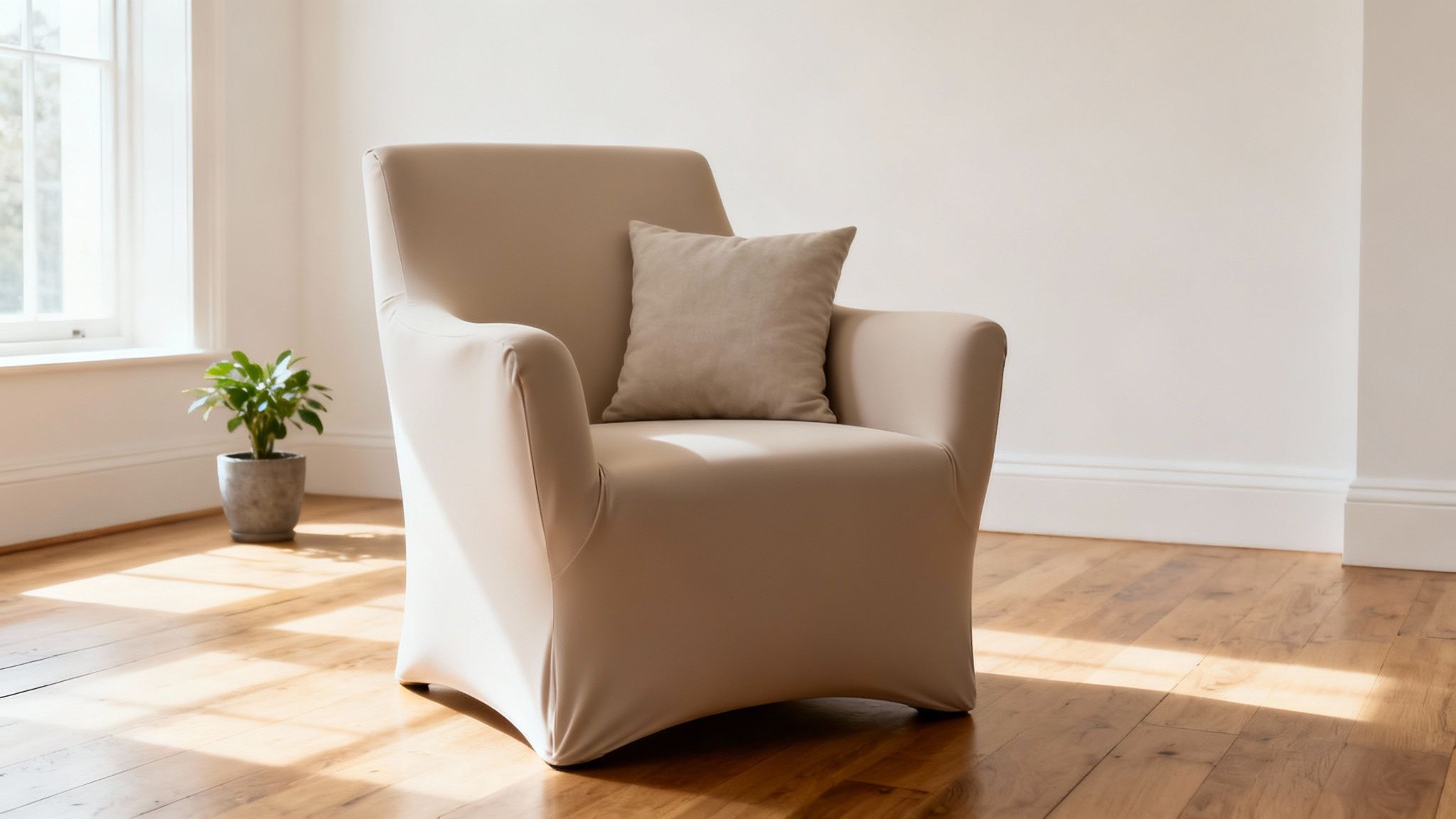 A modern armchair with a beige stretch cover and matching pillow, in a bright room.