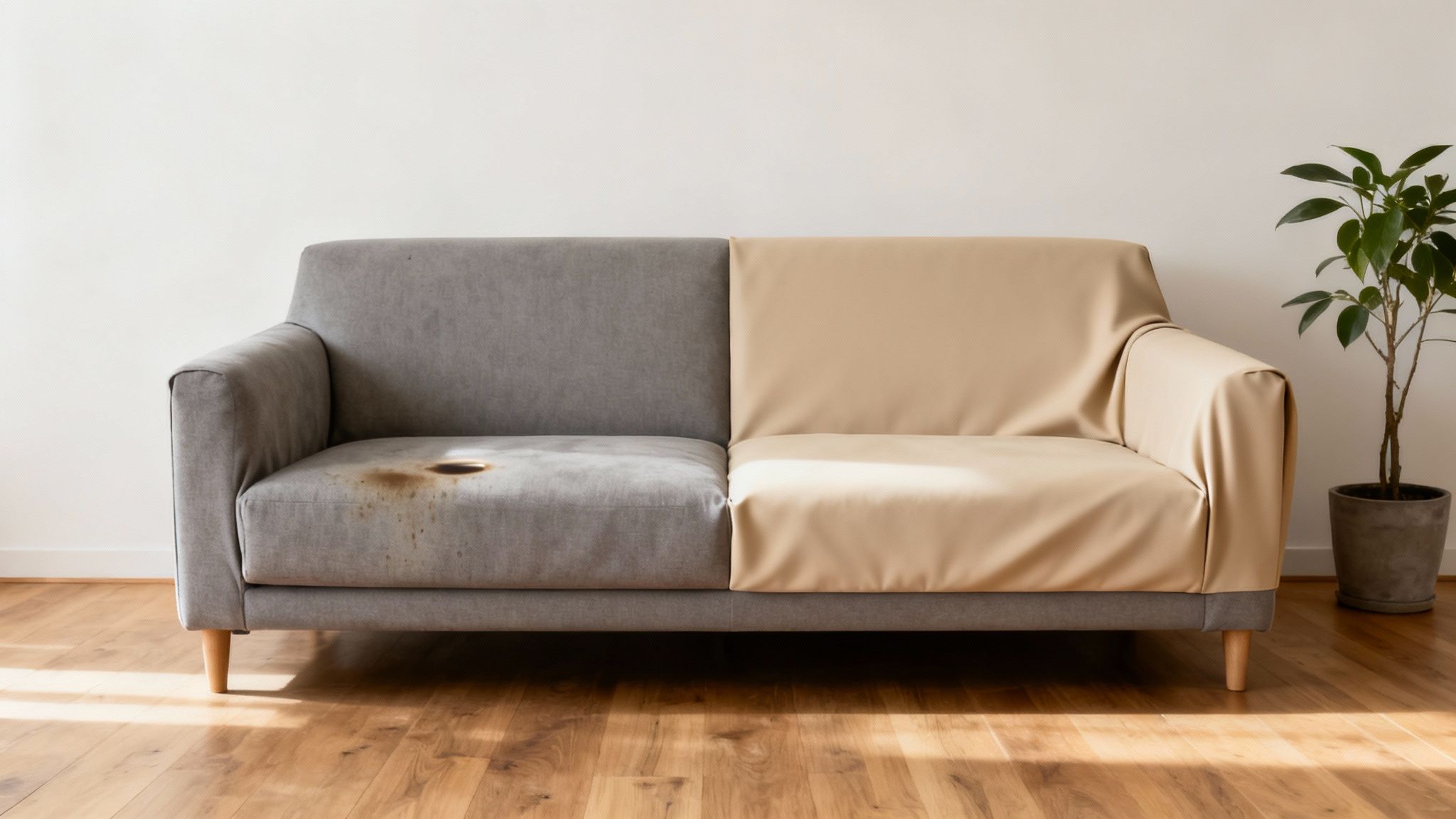 A sofa split into two halves, one dirty grey and the other with a clean beige fitted cover.