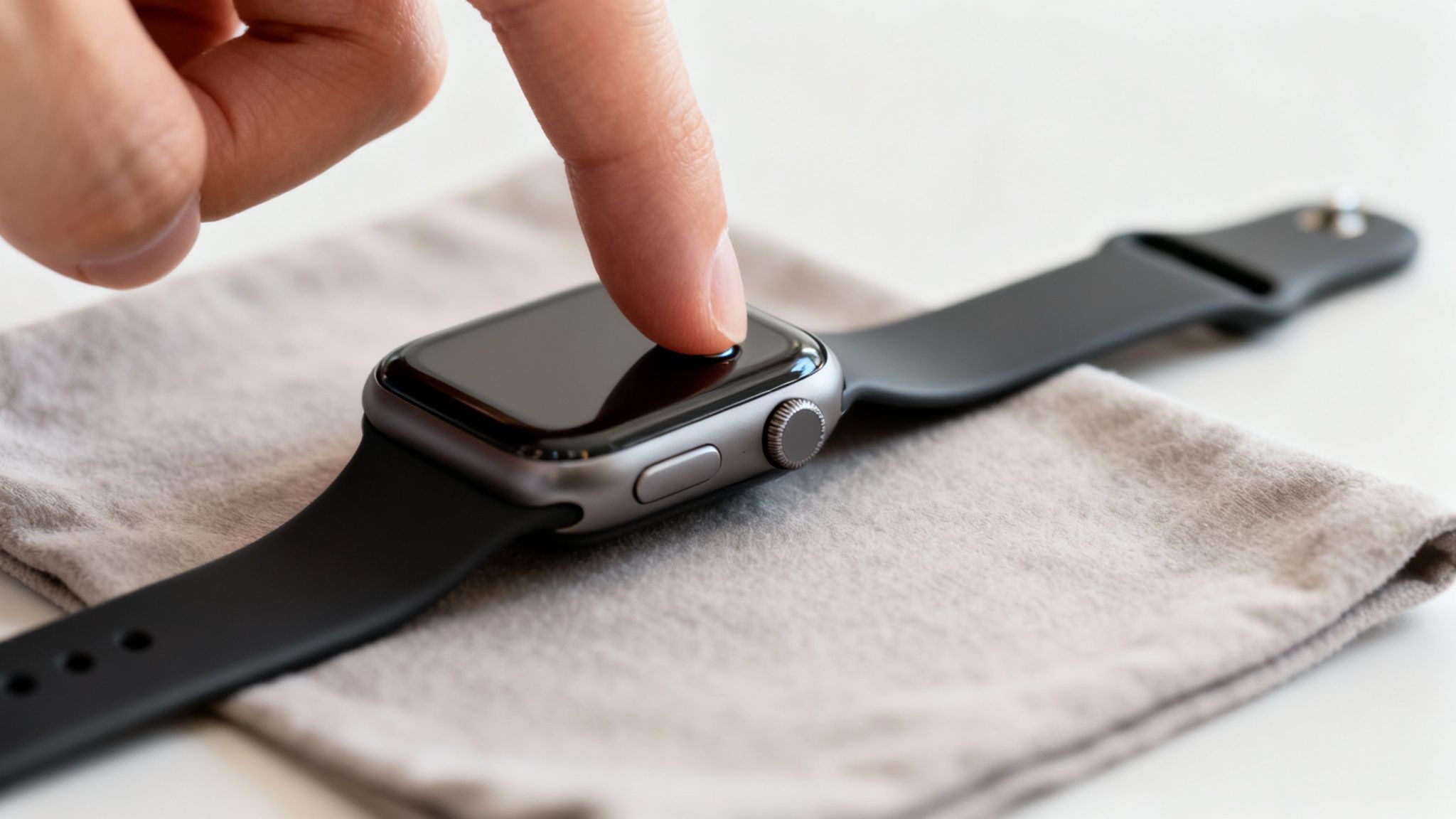 Close-up of a finger touching the screen of a silver Apple Watch with a black band on a cloth.