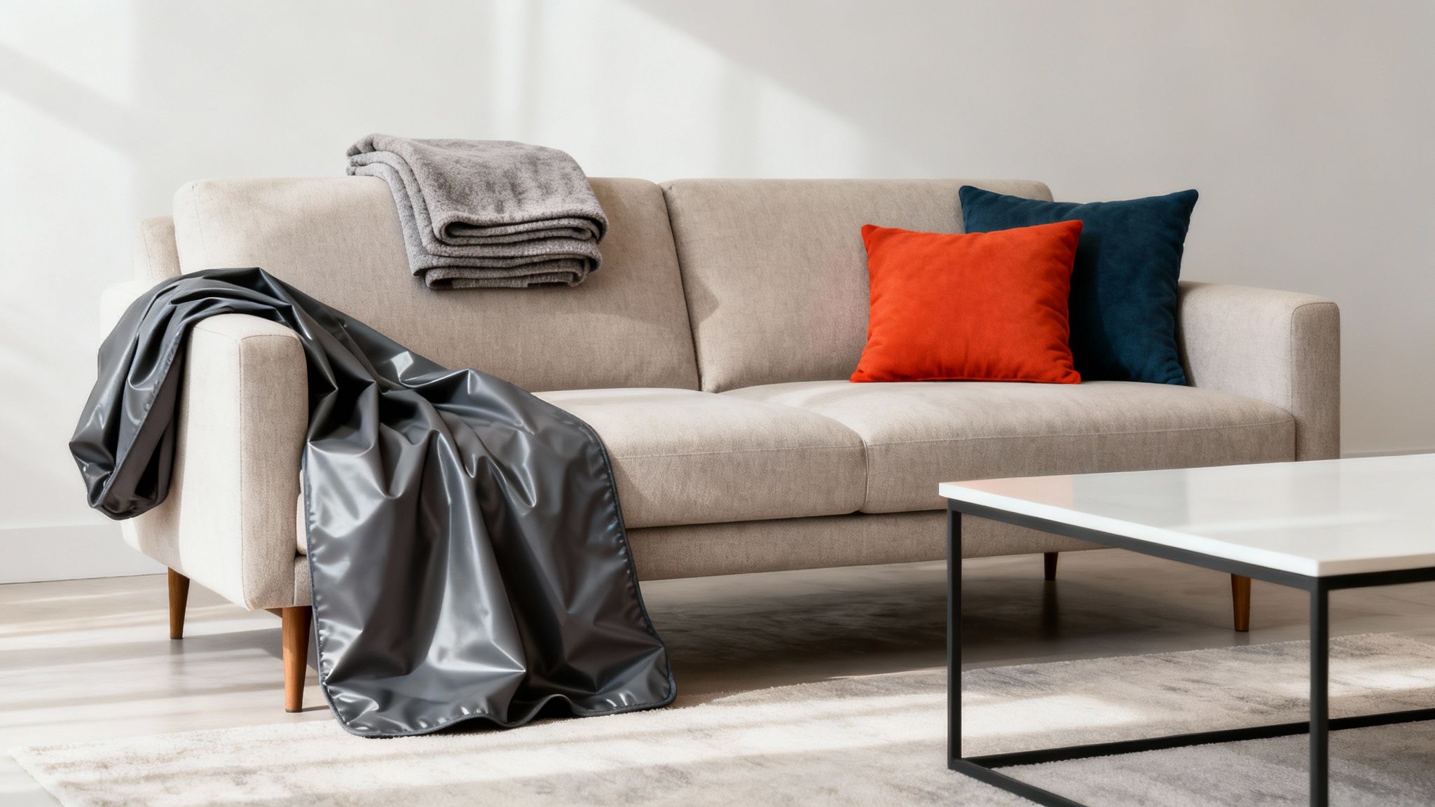 A light beige sofa with a dark grey waterproof throw, a folded grey blanket, and two colorful pillows.