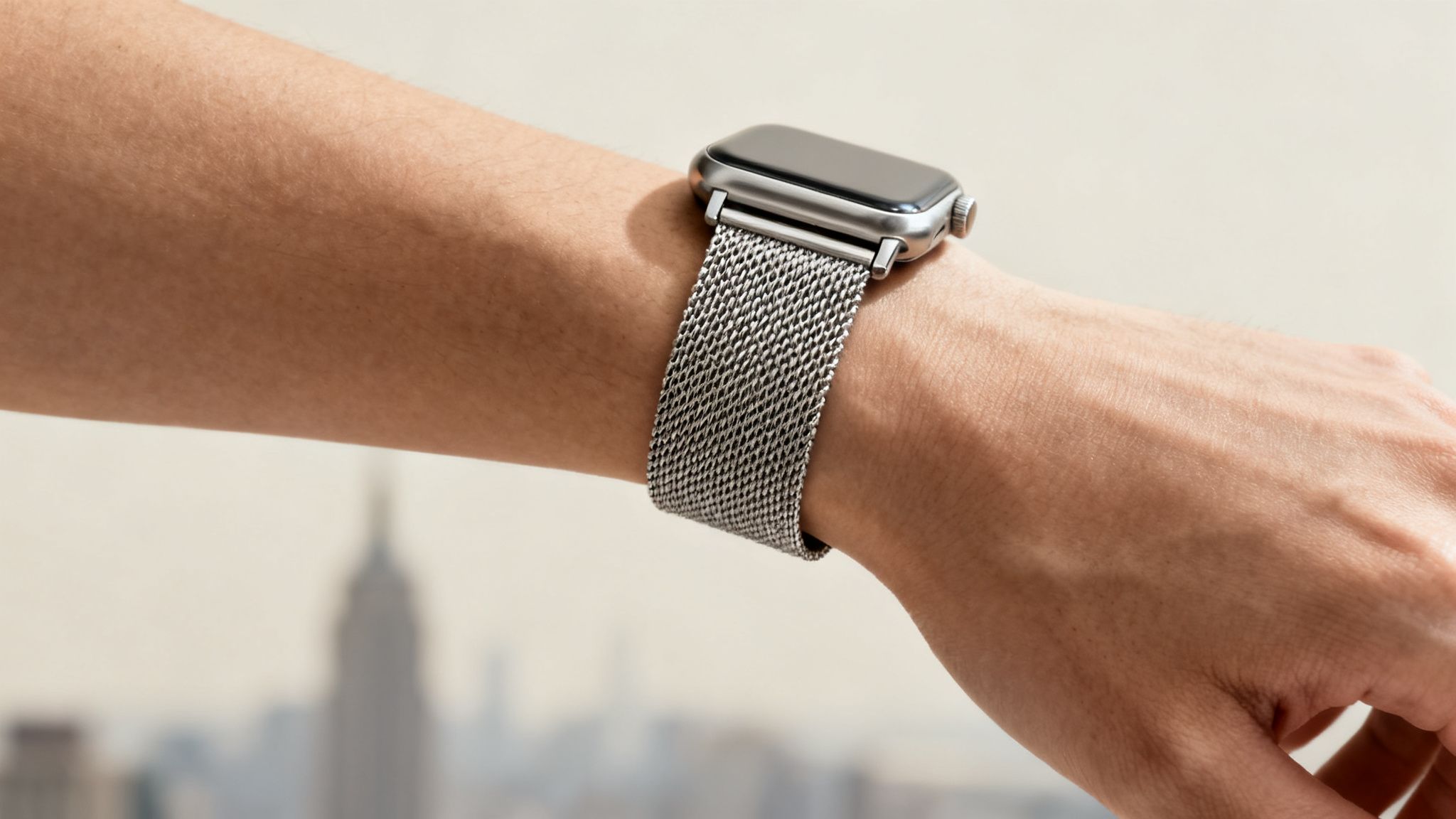 Close-up of an arm wearing a silver smartwatch with a Milanese loop strap against a city skyline.
