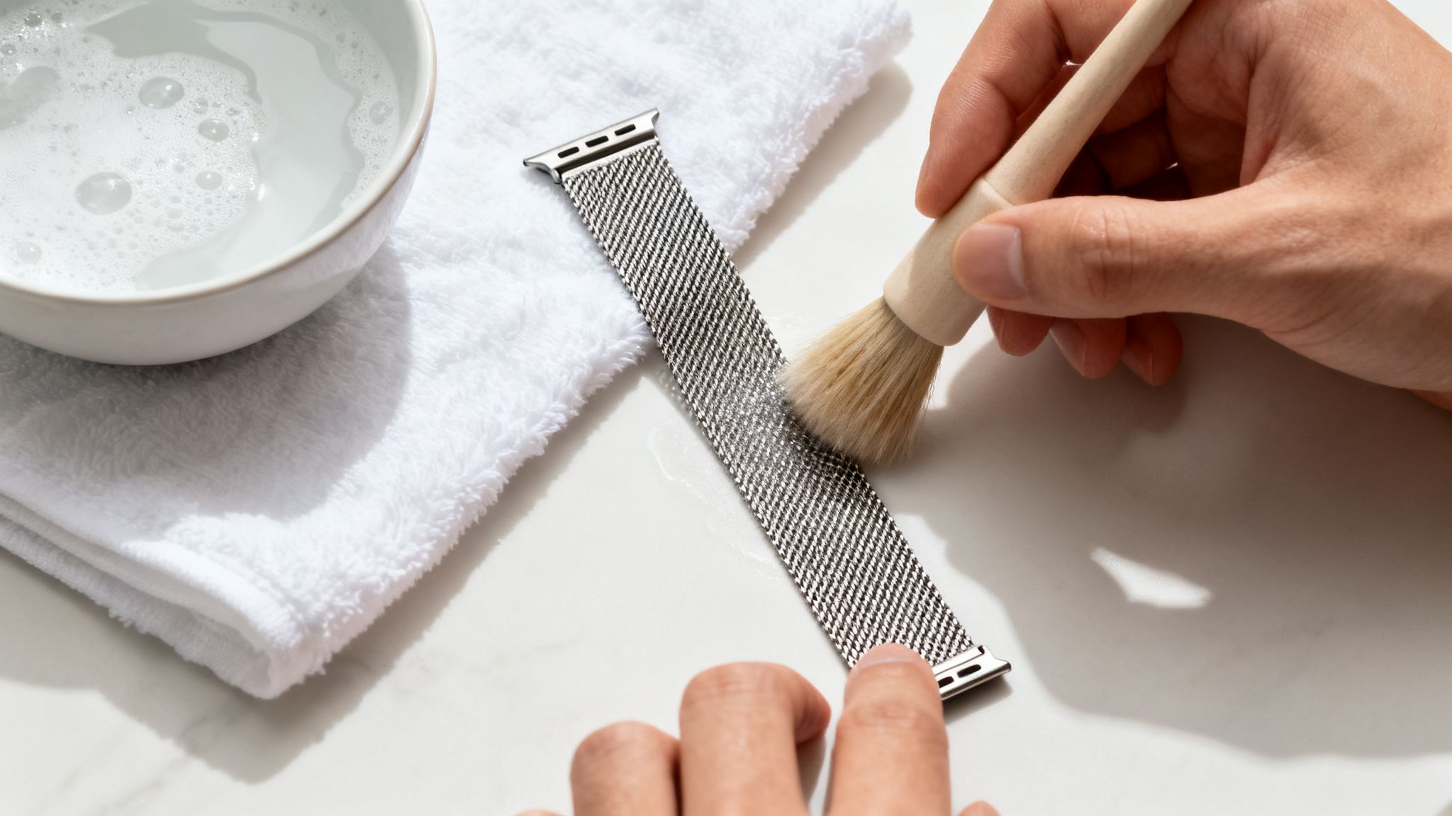 A person cleaning a silver Milanese loop watch strap with a soft brush and soapy water.