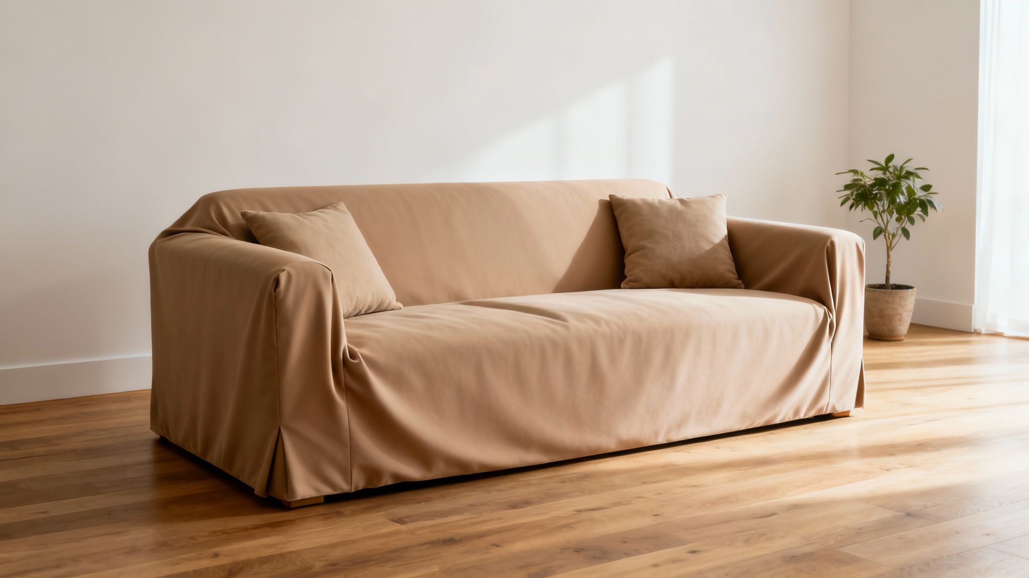 A cozy living room features a light brown sofa with a fitted slipcover, two pillows, and a plant.