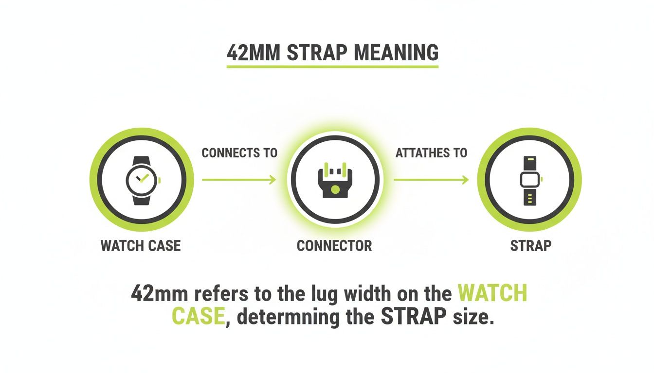 Diagram explaining 42mm watch strap meaning, showing the connection between watch case, connector, and strap.