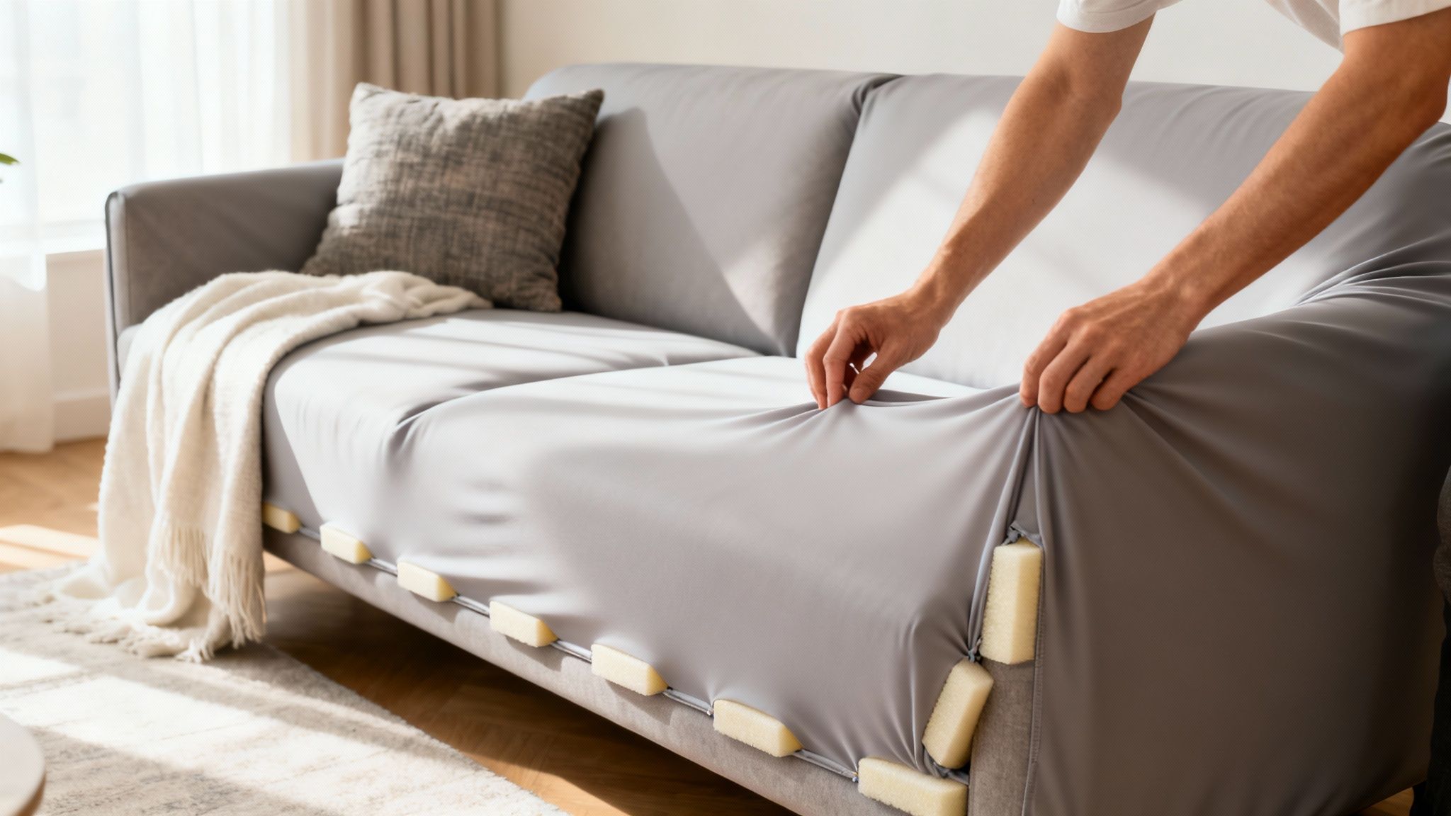 A person adjusting a gray stretch sofa cover on a couch, using foam inserts for a snug fit.