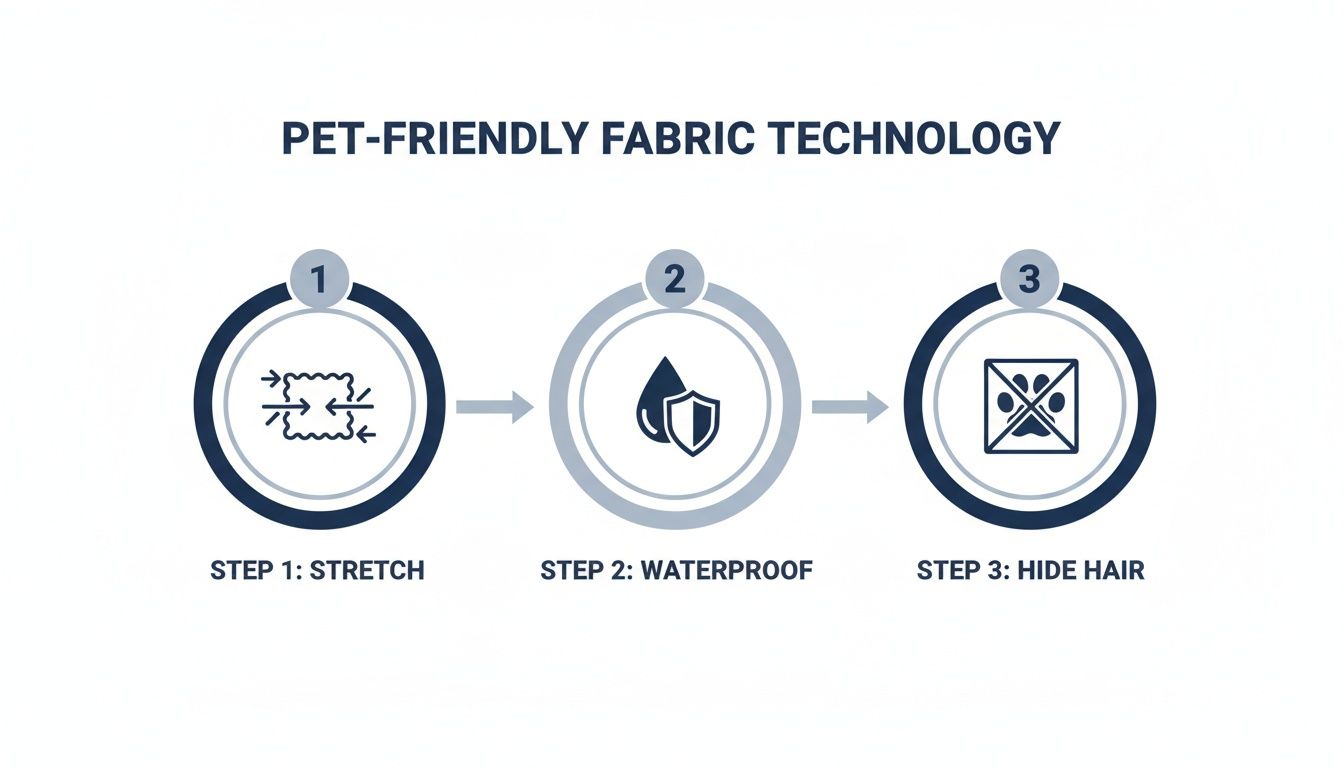 Infographic showing three steps of pet-friendly fabric technology: stretch, waterproof, and hide hair.