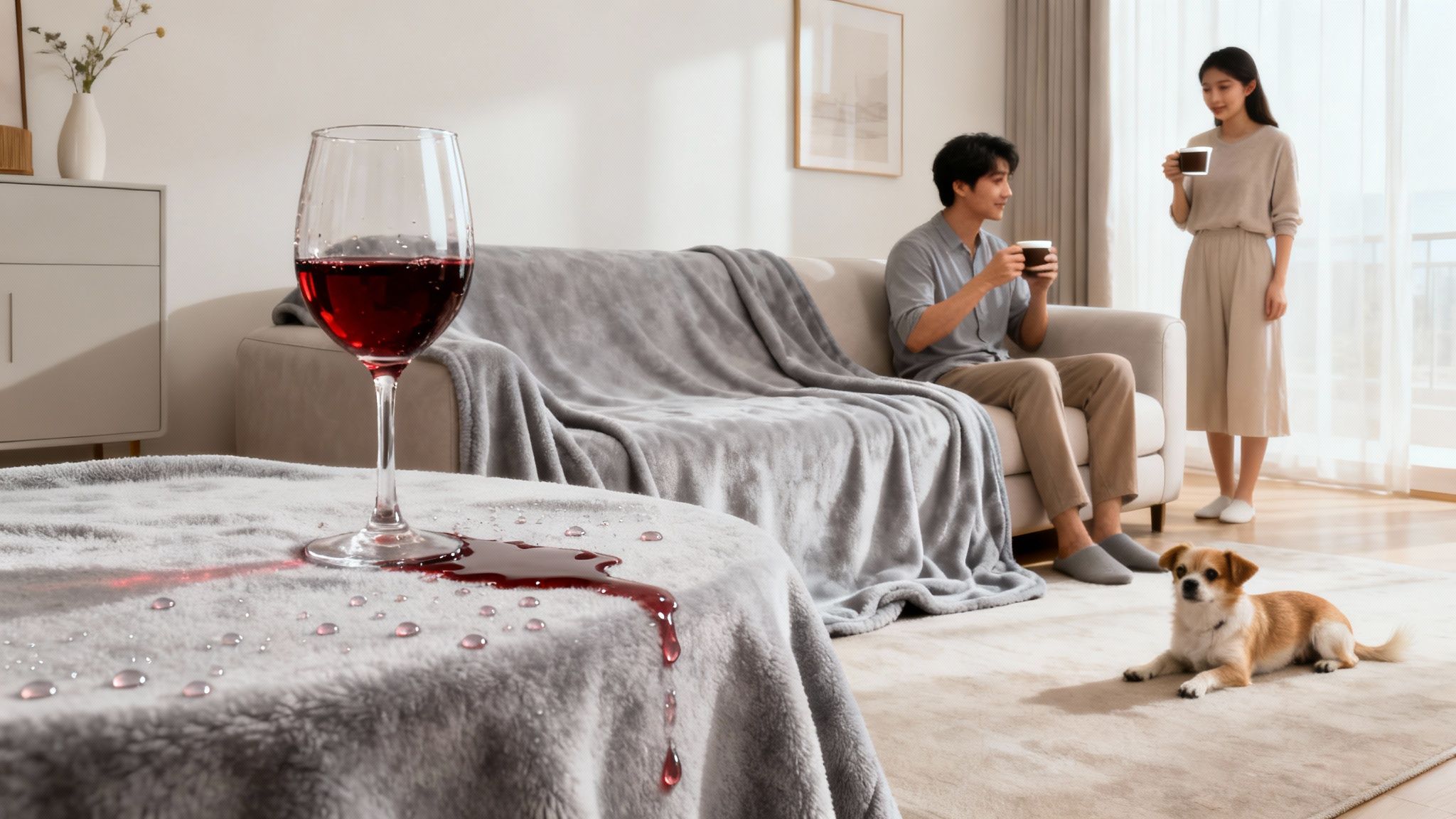A couple relaxes in a living room as red wine spills and beads on a waterproof gray blanket.
