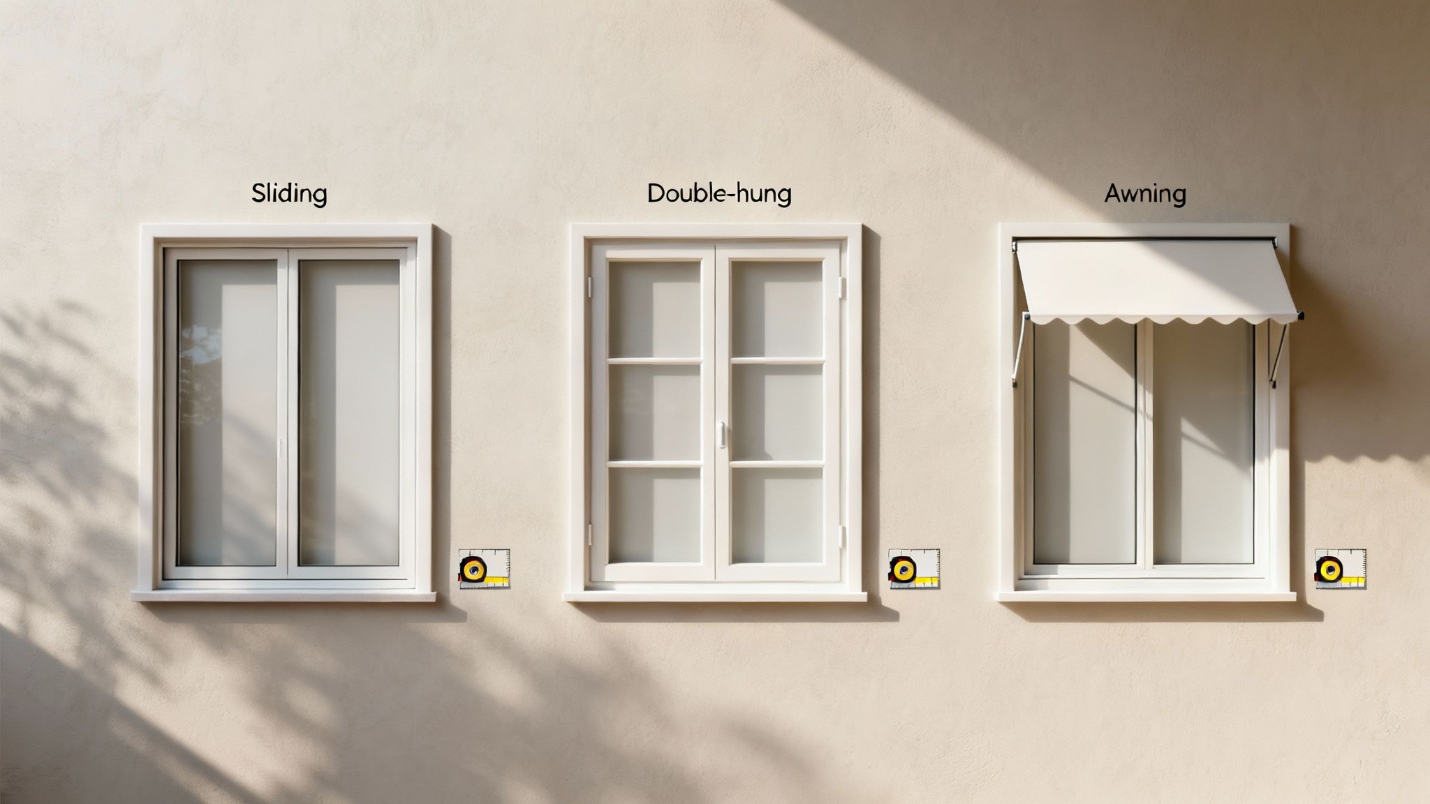 Three distinct window types: sliding, double-hung, and awning, on a light-colored wall.