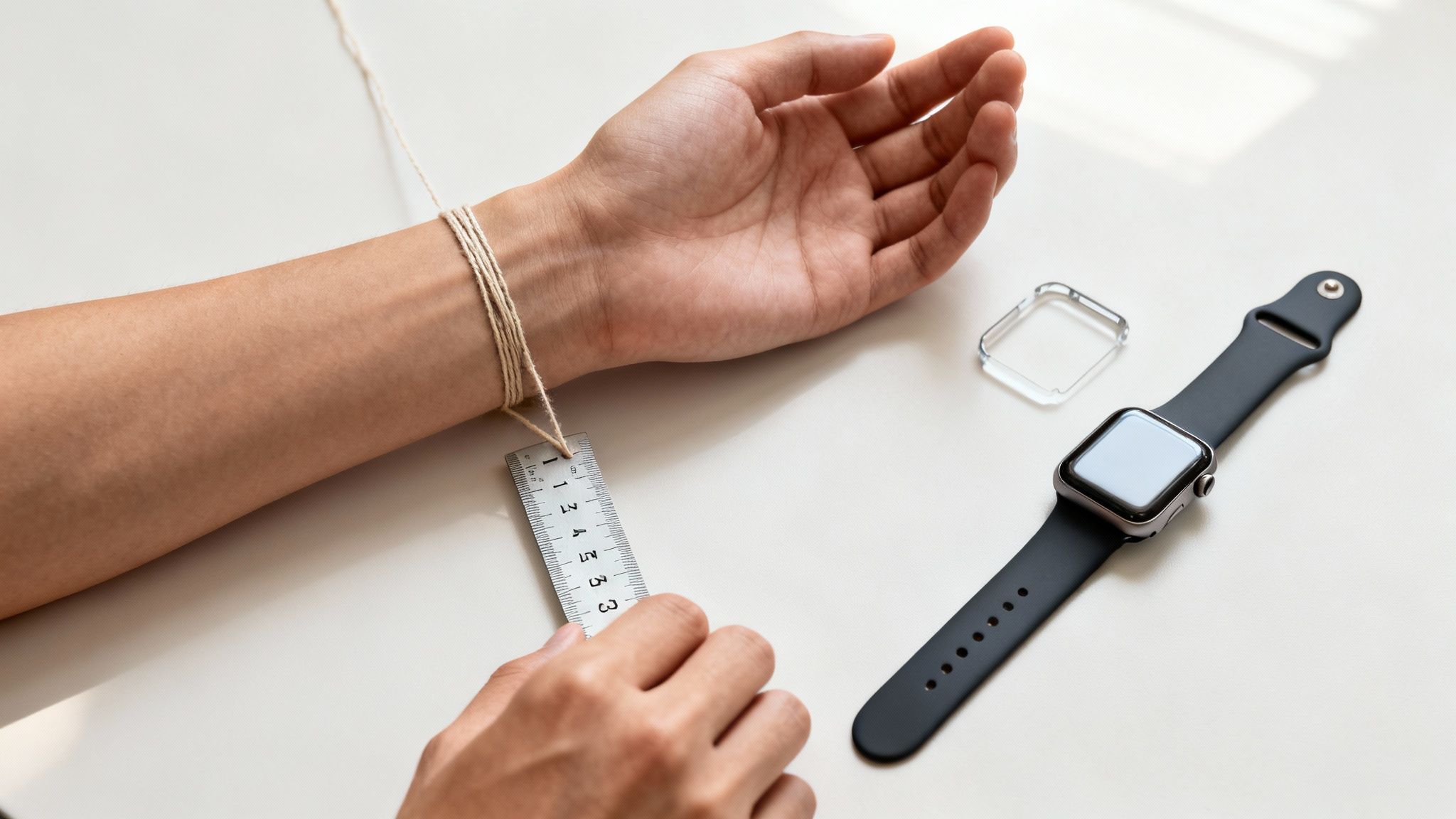 Close-up of a person's arm being measured with string and a ruler, next to an Apple Watch.