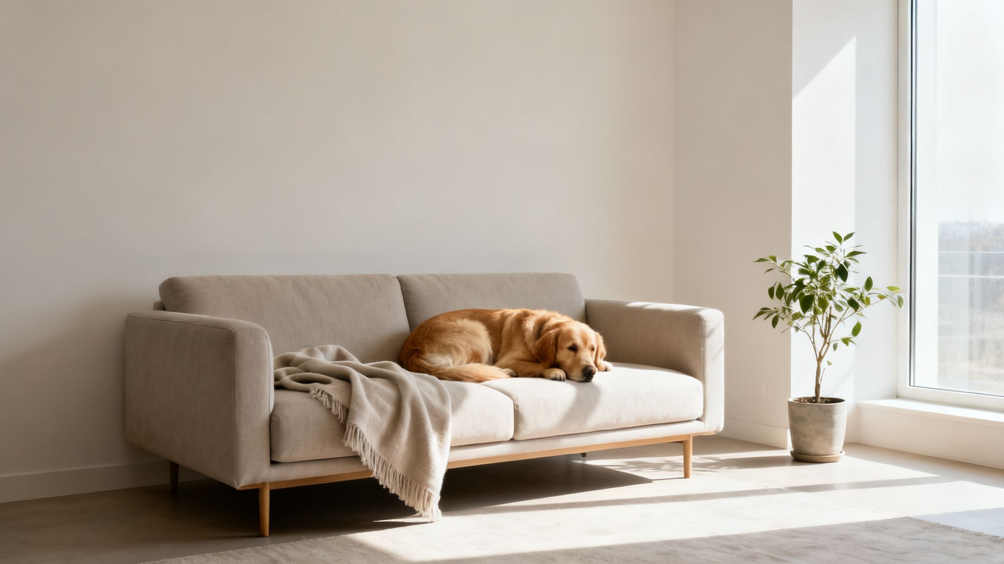 Golden retriever dog napping on a beige sofa with a blanket next to a sunlit window and plant.