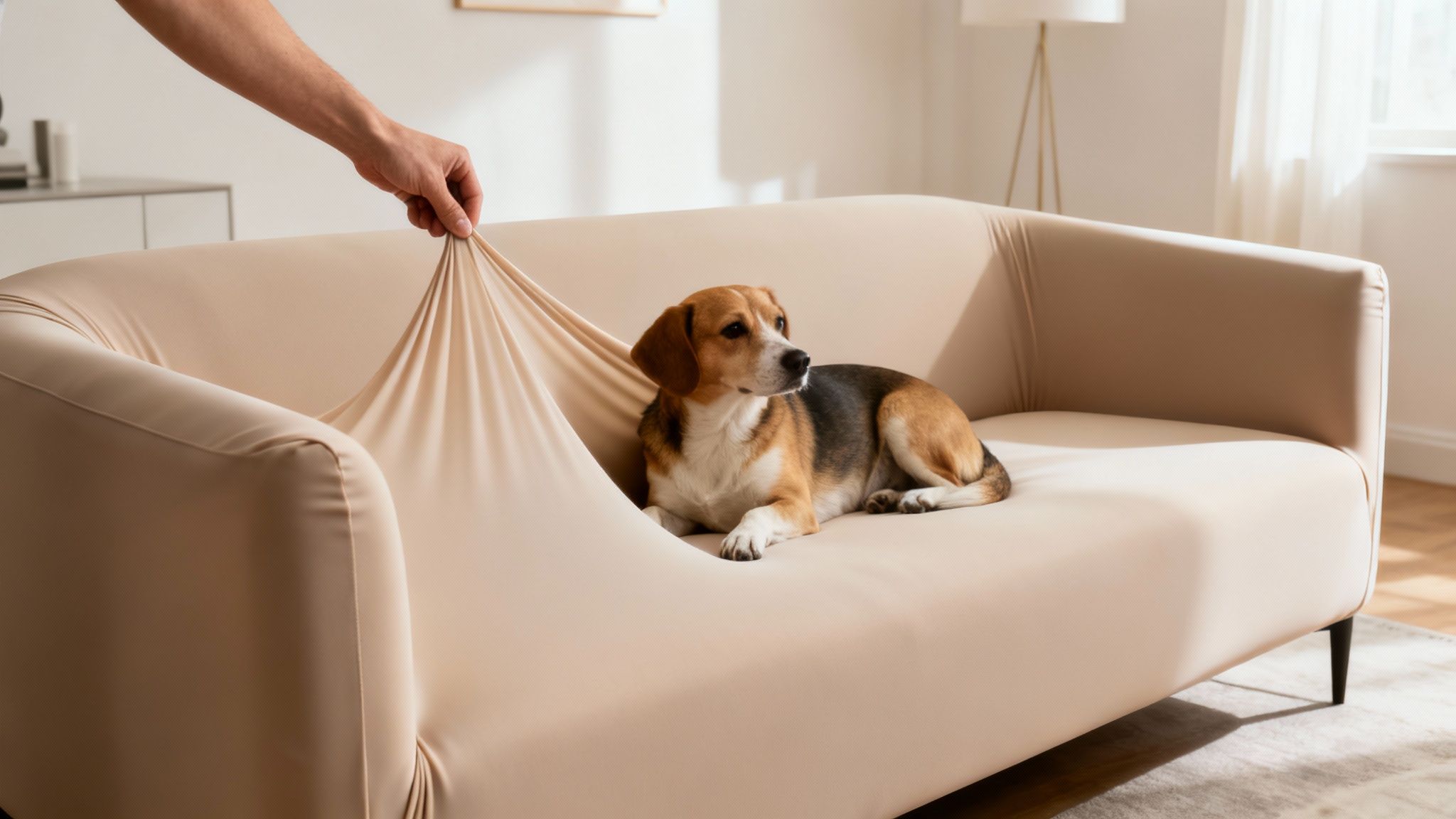 A hand pulls a stretchy beige sofa cover revealing a beagle dog resting comfortably.