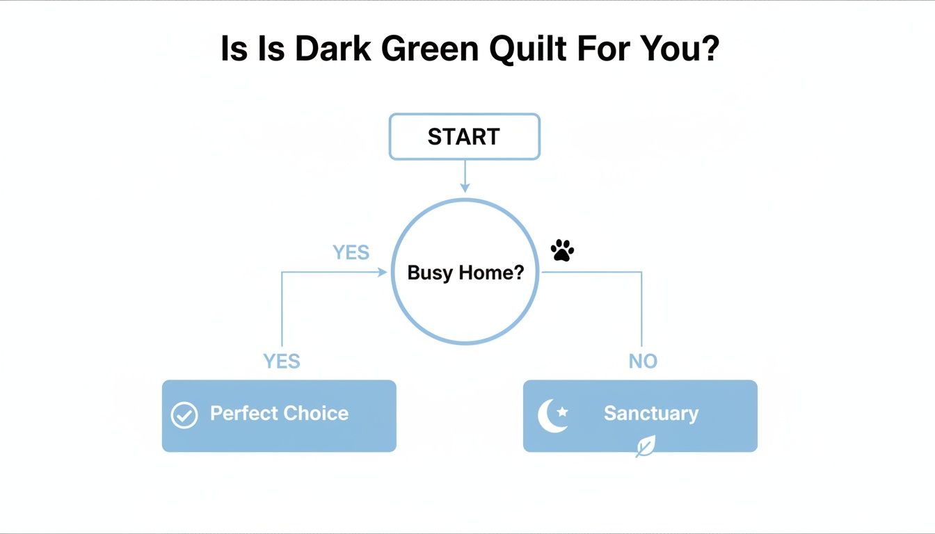 Flowchart: 'Is Dark Green Quilt For You?' Decision 'Busy Home?' leads to 'Perfect Choice' or 'Sanctuary'.