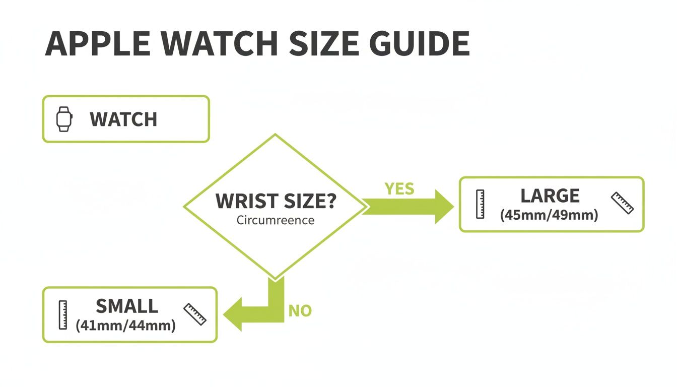 A flowchart explaining the Apple Watch size guide, directing users to small or large based on wrist circumference.