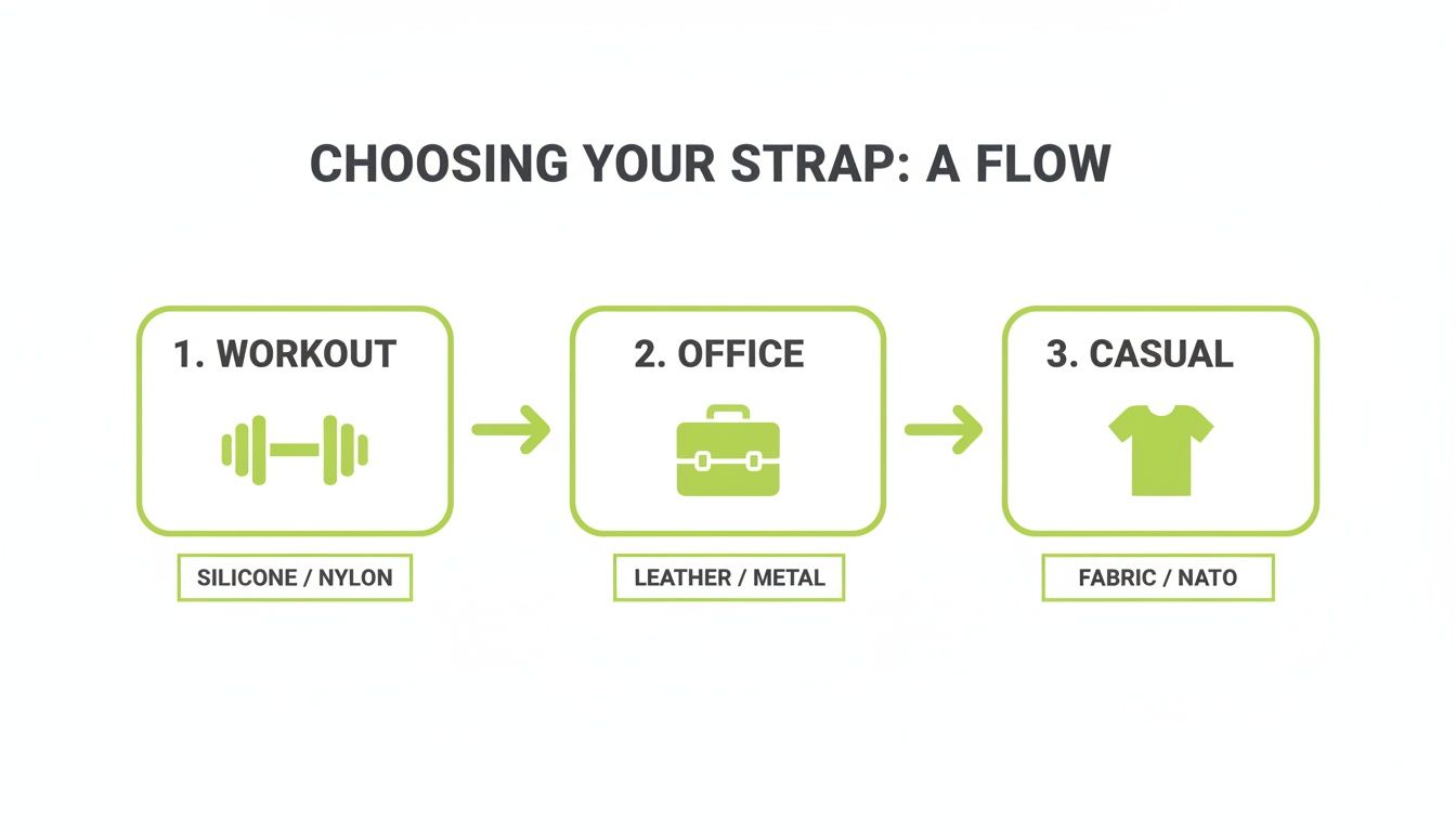 Flowchart showing strap choices for different activities: Workout (Silicone/Nylon), Office (Leather/Metal), Casual (Fabric/NATO).