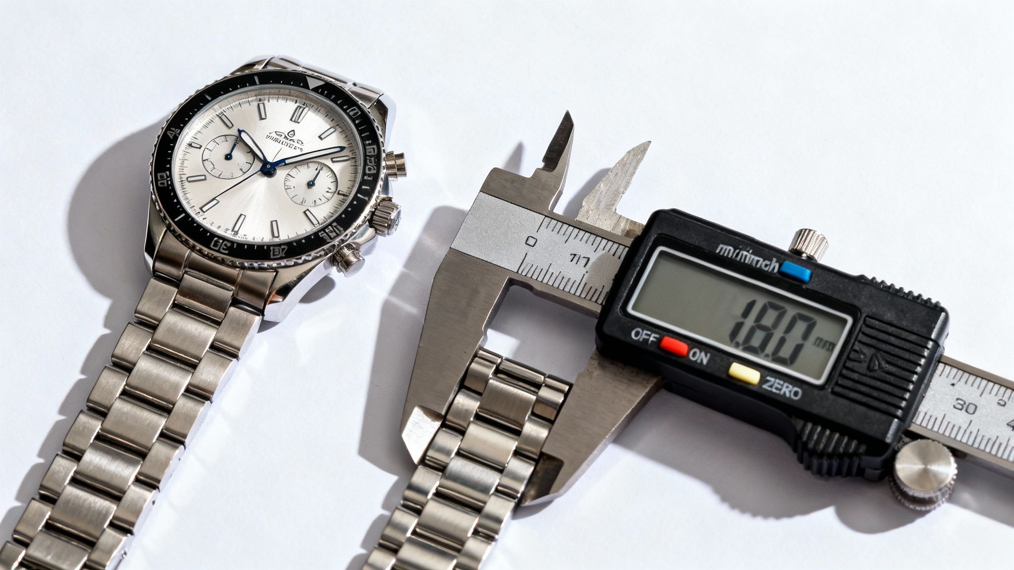 A silver chronograph watch and a digital caliper showing an 18.0mm watch band measurement.