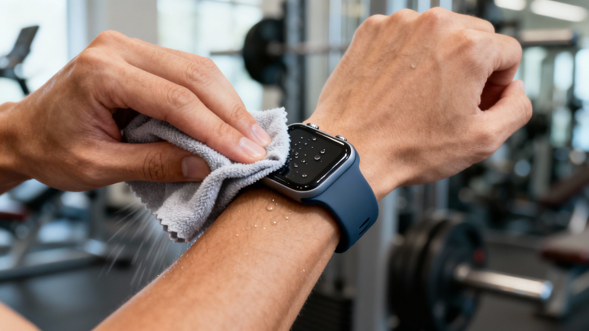 A person cleans a wet smartwatch screen with a soft cloth in a fitness center.