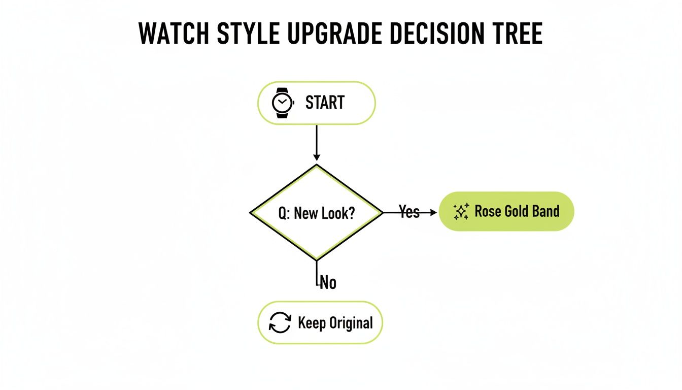 A watch style upgrade decision tree flow chart presenting options for a new look.