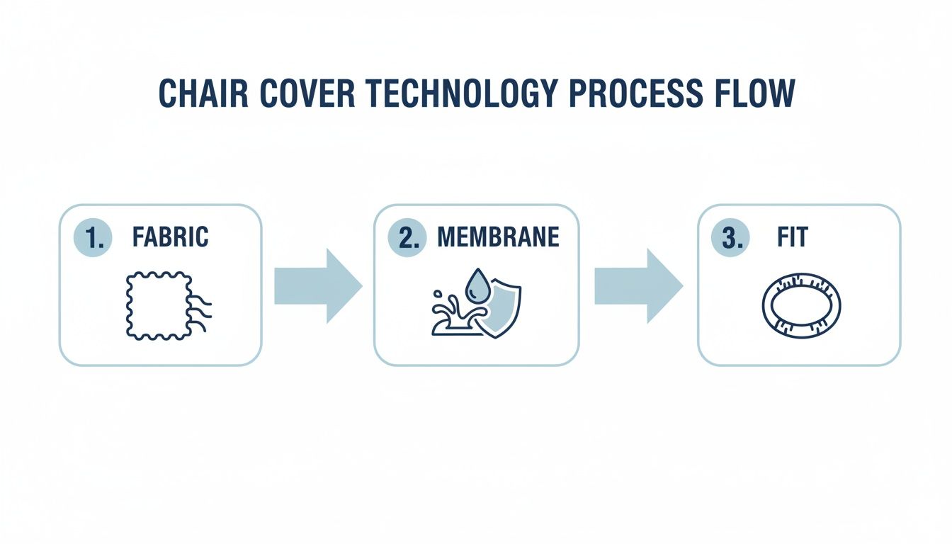 A process flow diagram illustrates chair cover technology steps: fabric, membrane, and final fit.