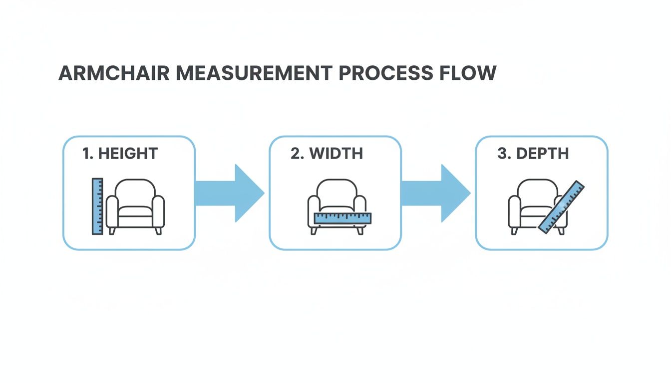 Process flow illustrating how to measure an armchair's height, width, and depth with a ruler.