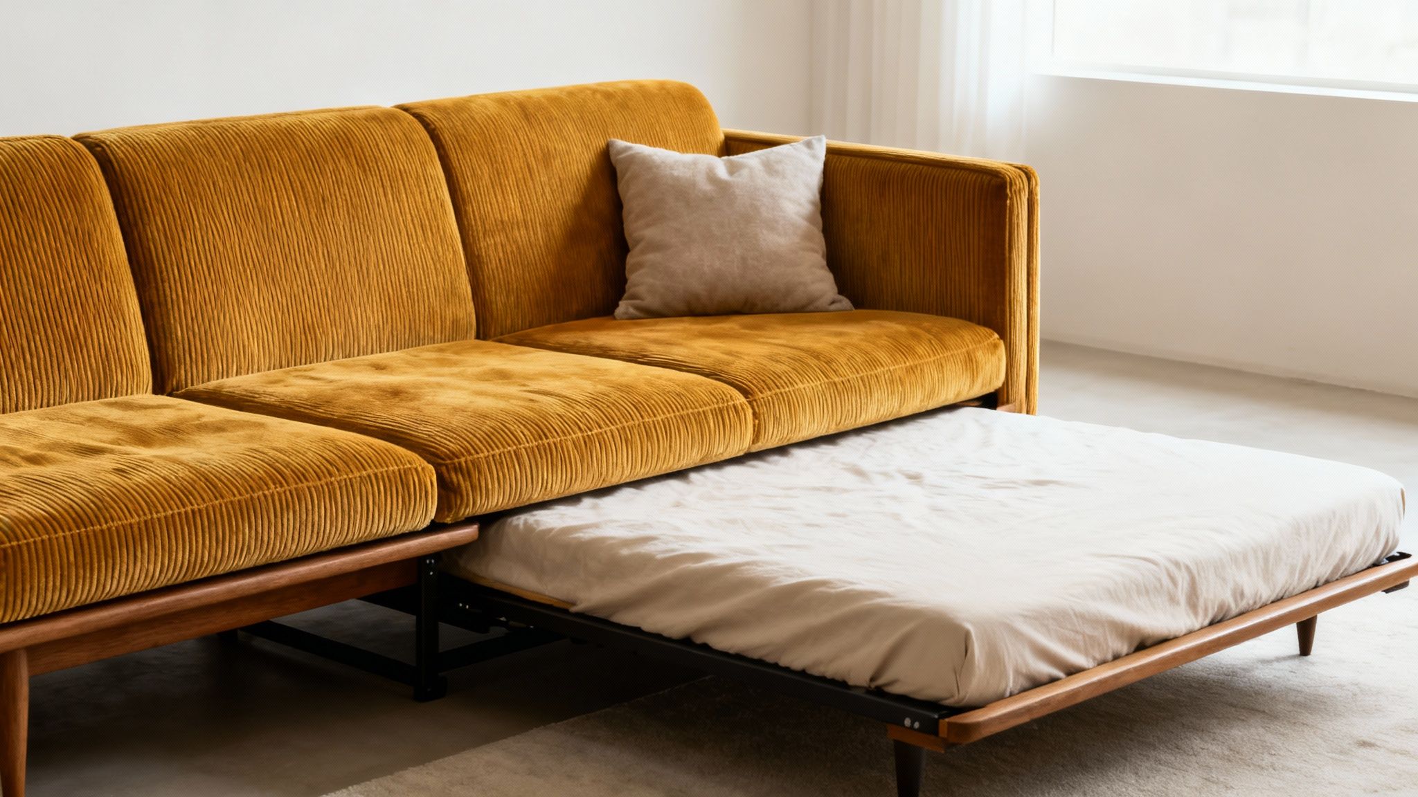 Mustard yellow corduroy sofa bed with a pull-out mattress partially extended in a bright room.