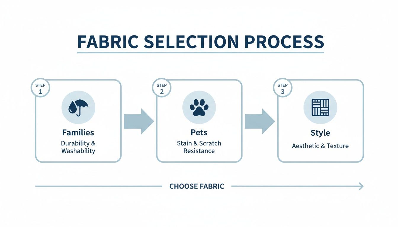 Fabric selection process diagram outlining steps for families (durability), pets (resistance), and style (aesthetic).