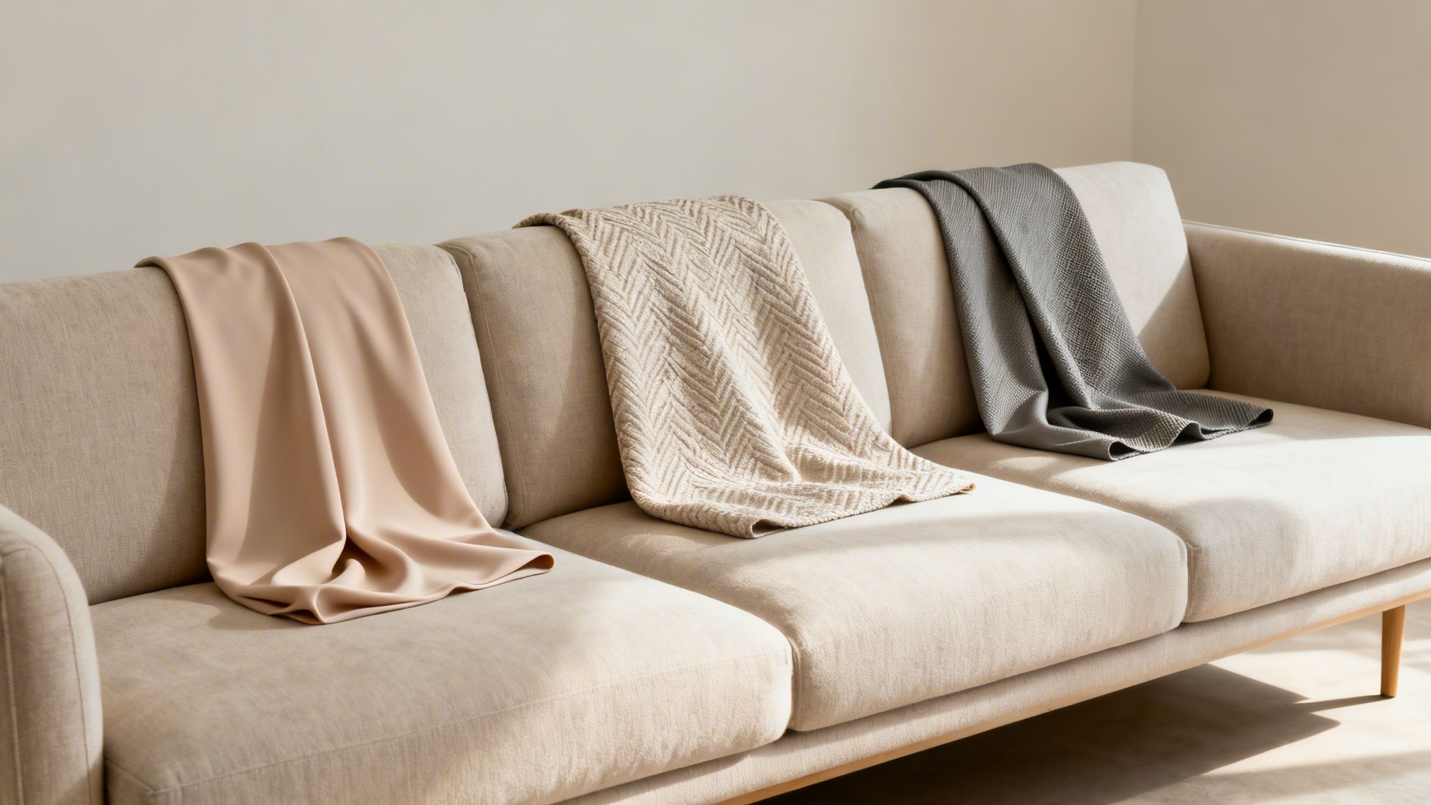Three cozy throws in neutral colors draped over a light beige three-seater sofa in a bright room.