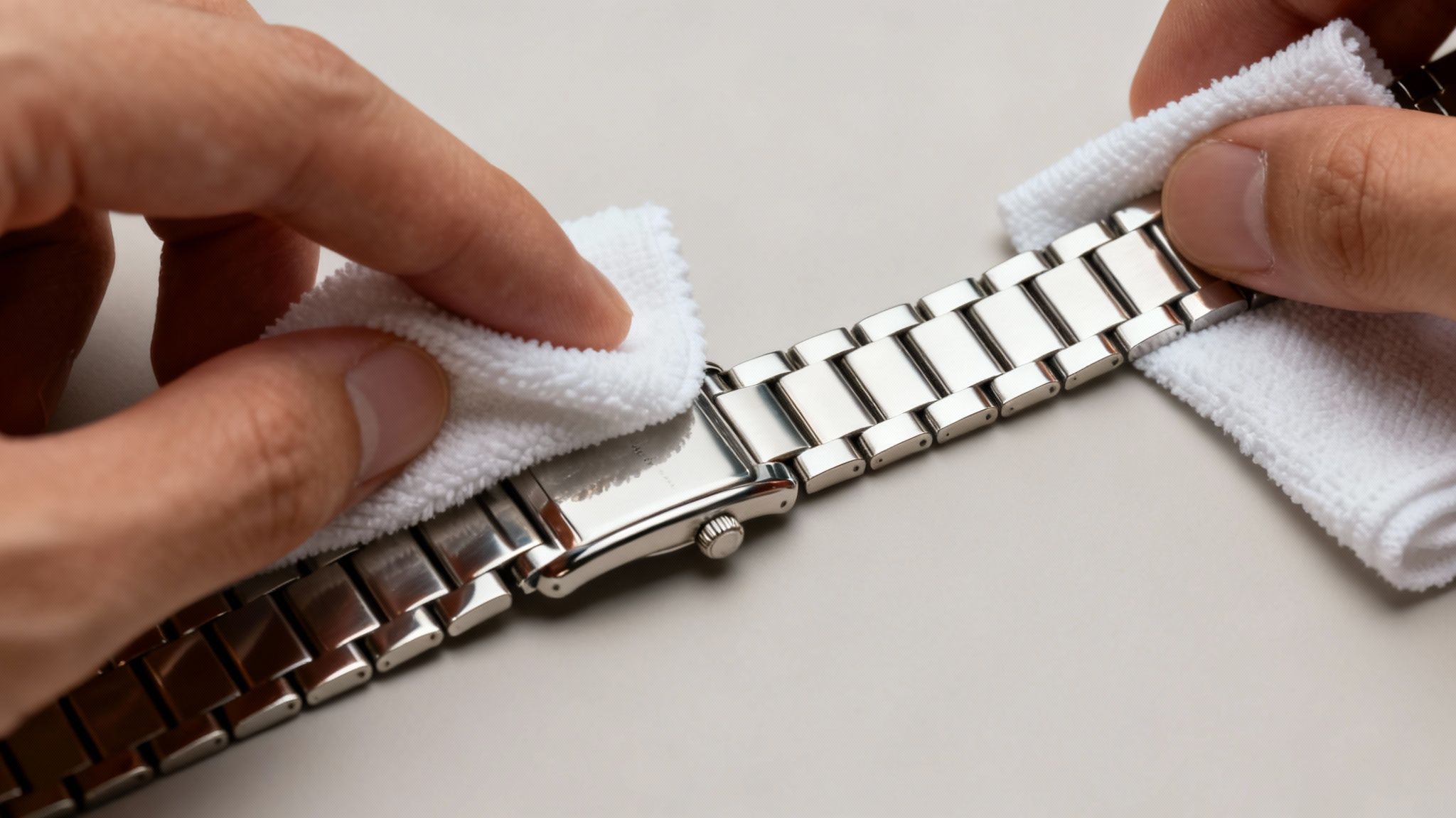 Hands meticulously cleaning a polished stainless steel watch band with white fabric cloths.