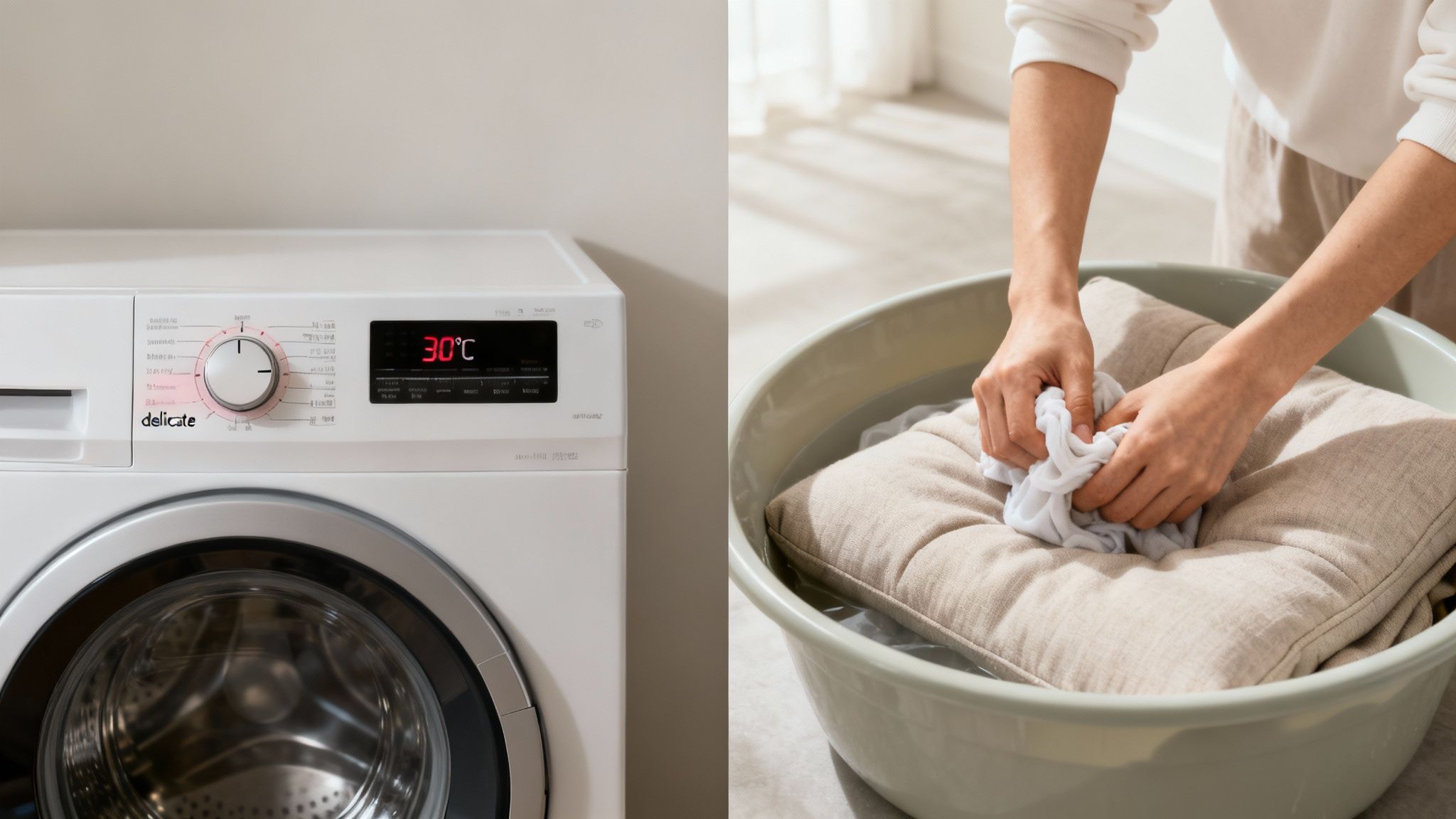 A washing machine set to delicate at 30°C and hands hand-washing a cushion in a basin.