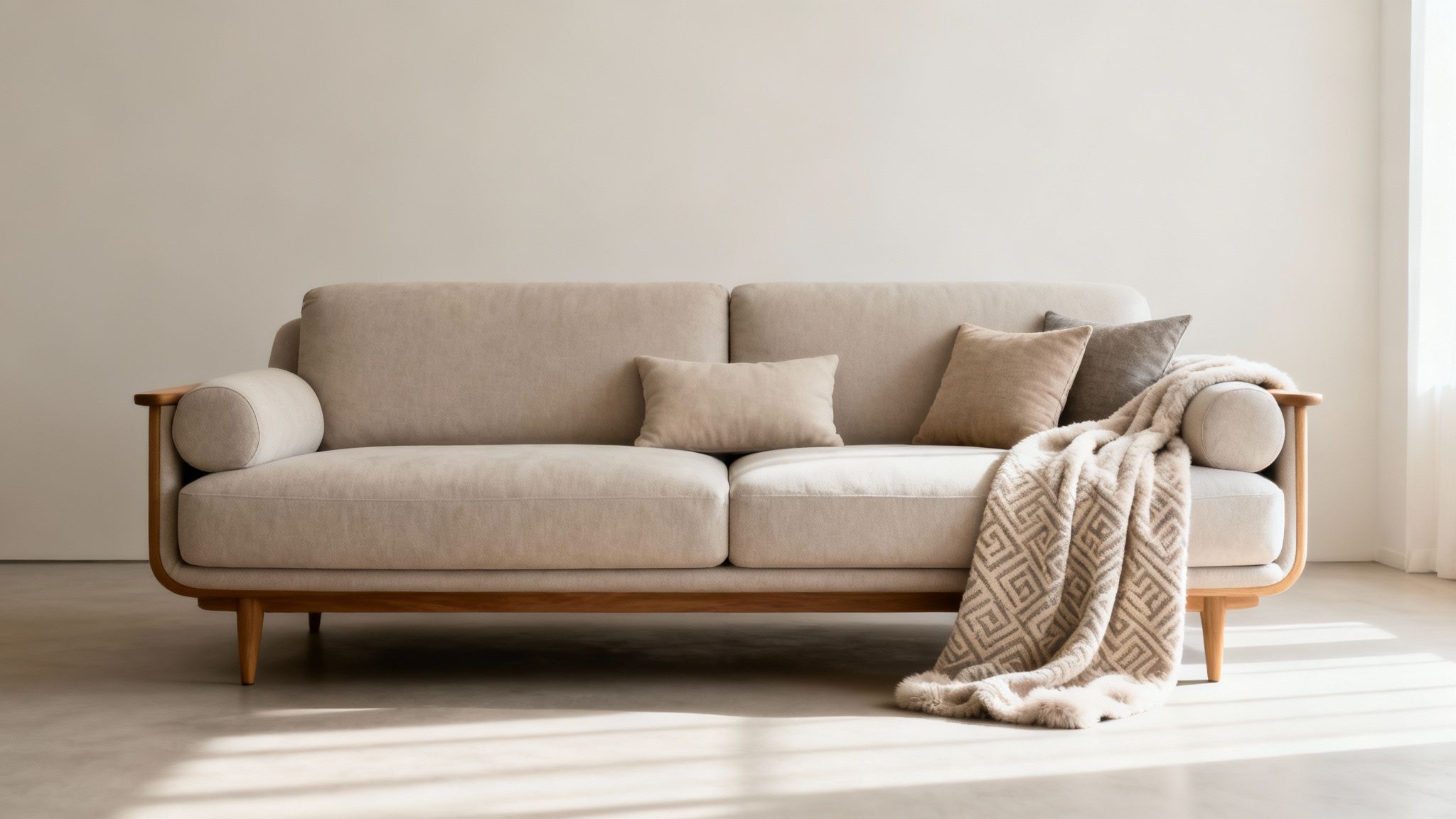 A cozy light beige sofa with wooden details, throw pillows, and a patterned blanket in a bright room.