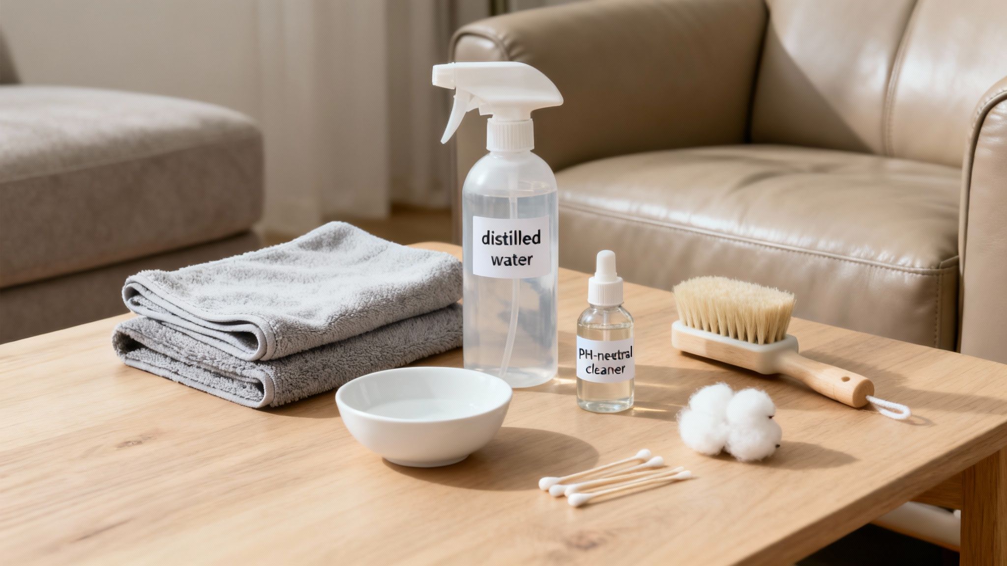 Cleaning supplies for a leather sofa on a wooden table: towels, distilled water, cleaner, brush, cotton.