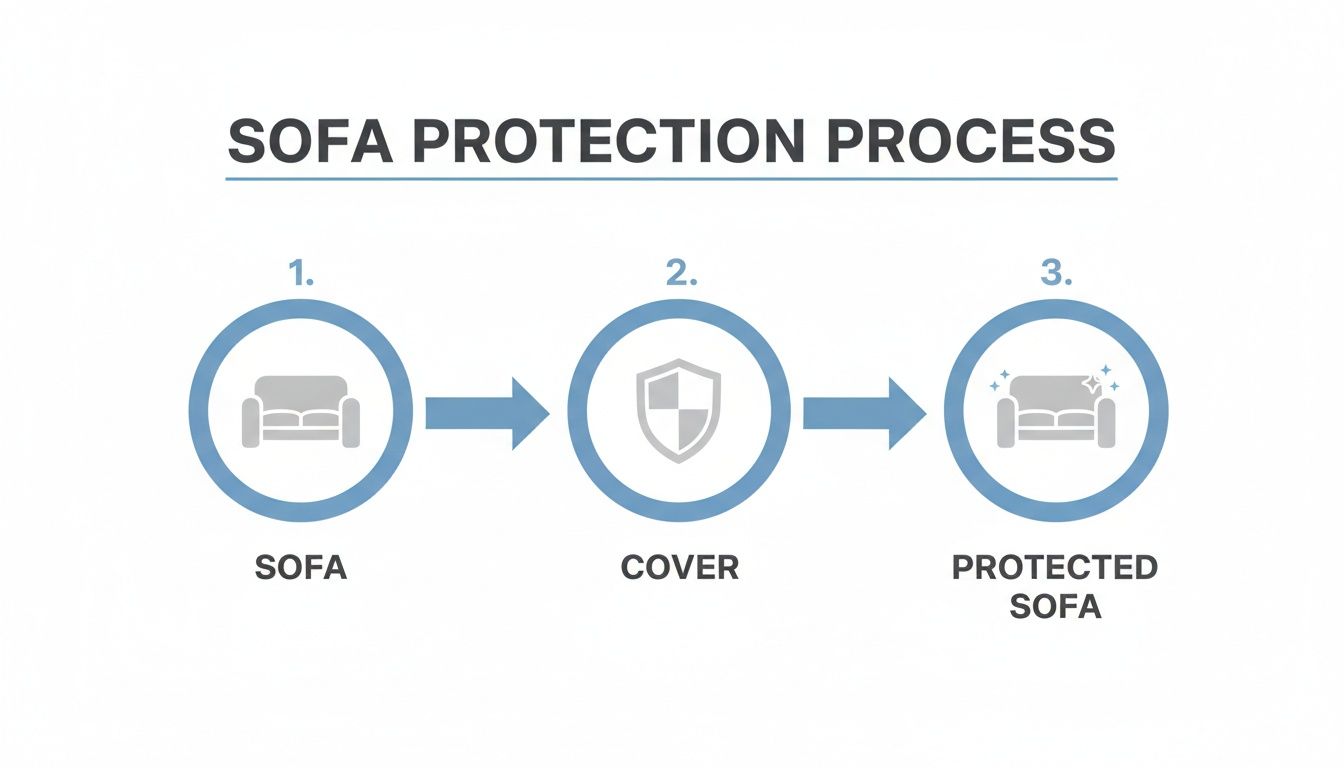 Infographic illustrating a three-step sofa protection process from initial sofa to protected.
