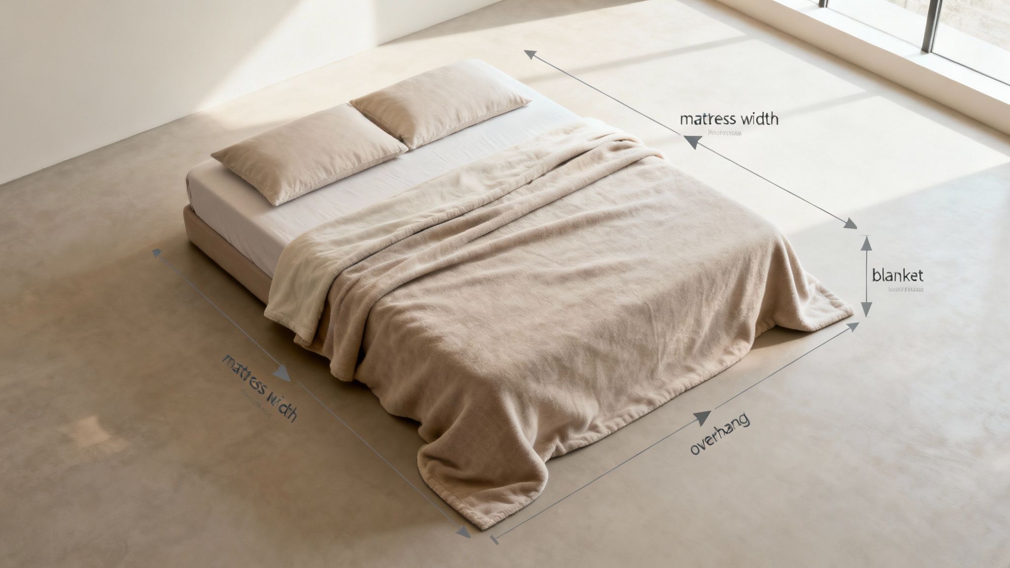 Overhead view of a bed with a beige blanket illustrating mattress width and blanket overhang.