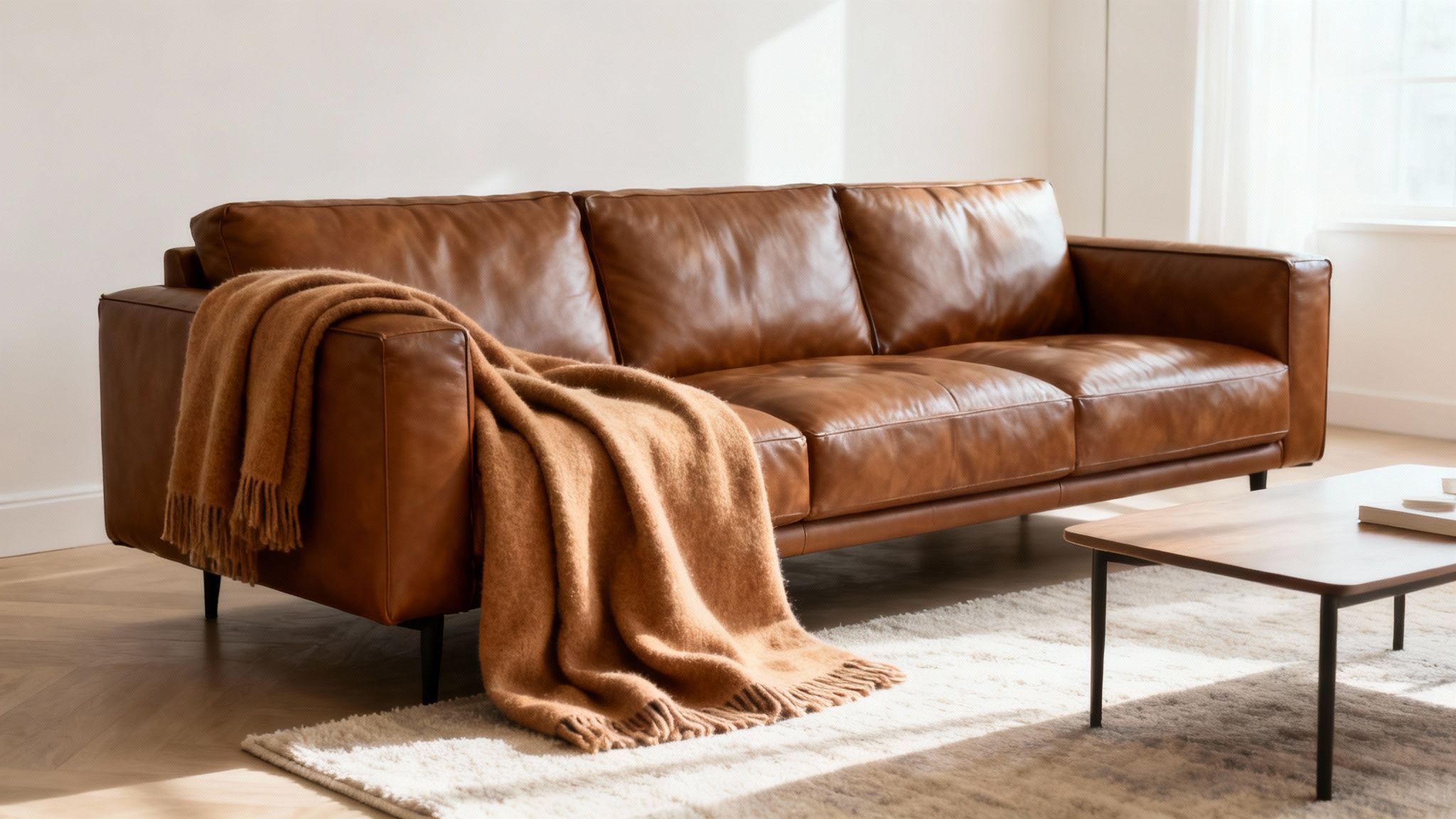 A cozy living room with a brown leather sofa, an orange throw, a light rug, and a coffee table.