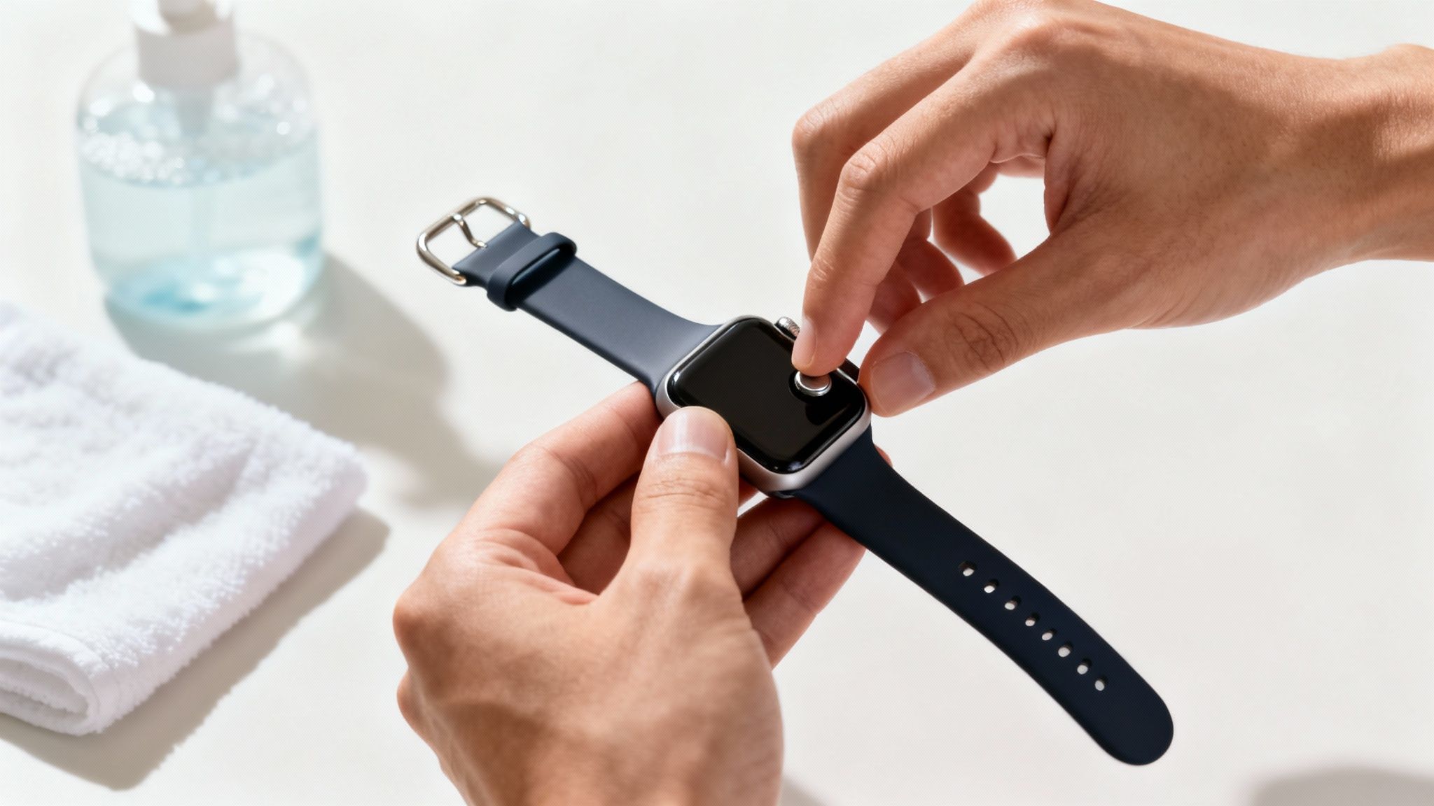 Close-up of hands adjusting a dark blue strap Apple Watch on a white surface with sanitizer and a towel.