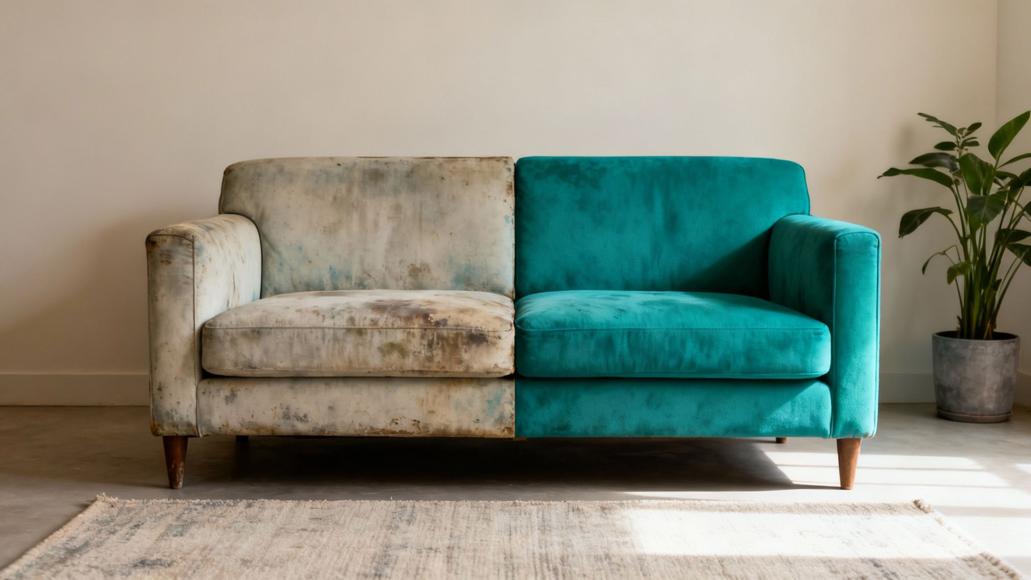 A sofa is split down the middle, half dirty and worn, half clean and vibrant teal.