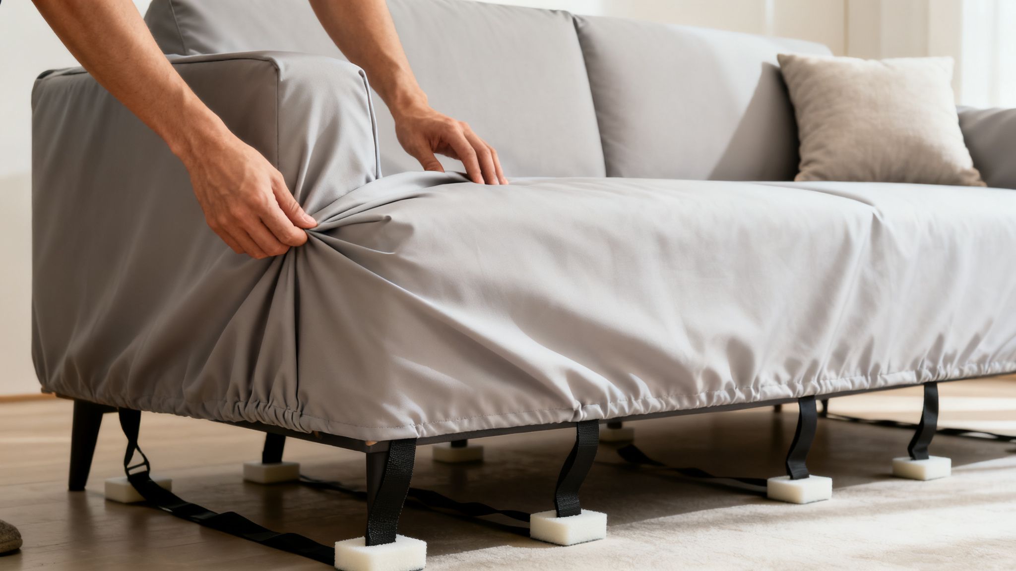 A person adjusts a grey slipcover on a sofa, showing elasticized edges and under-sofa straps.