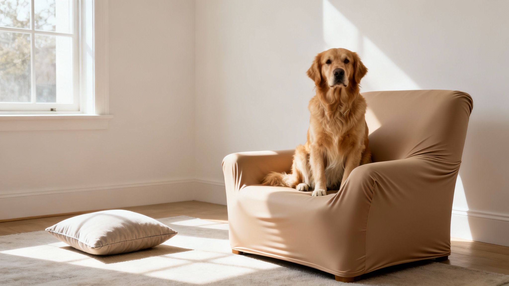 Un golden retriever est assis attentivement sur un fauteuil beige dans une pièce lumineuse et ensoleillée.