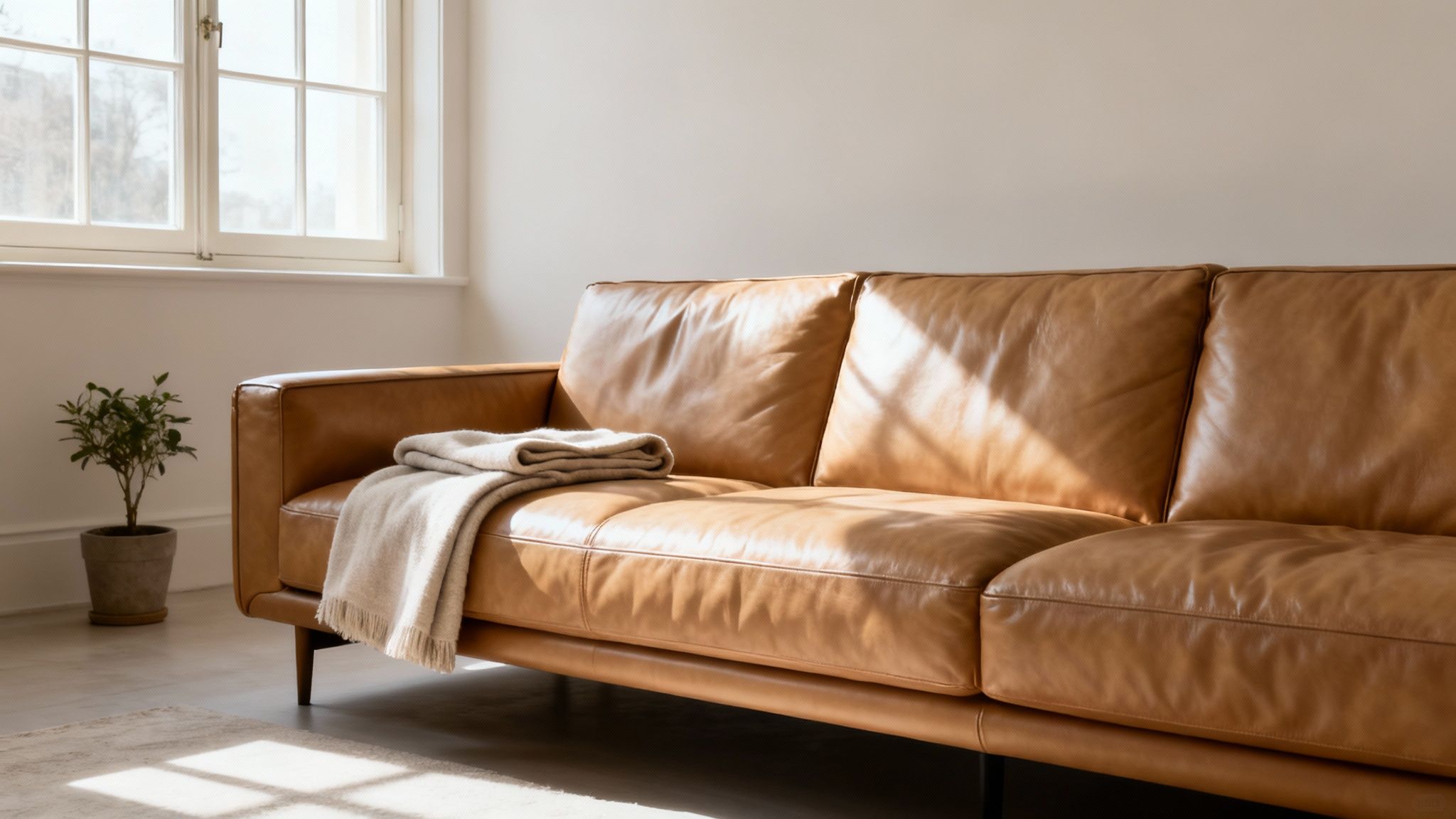 A minimalist living room with a tan leather sofa, beige throw, and potted plant, bathed in sunlight.