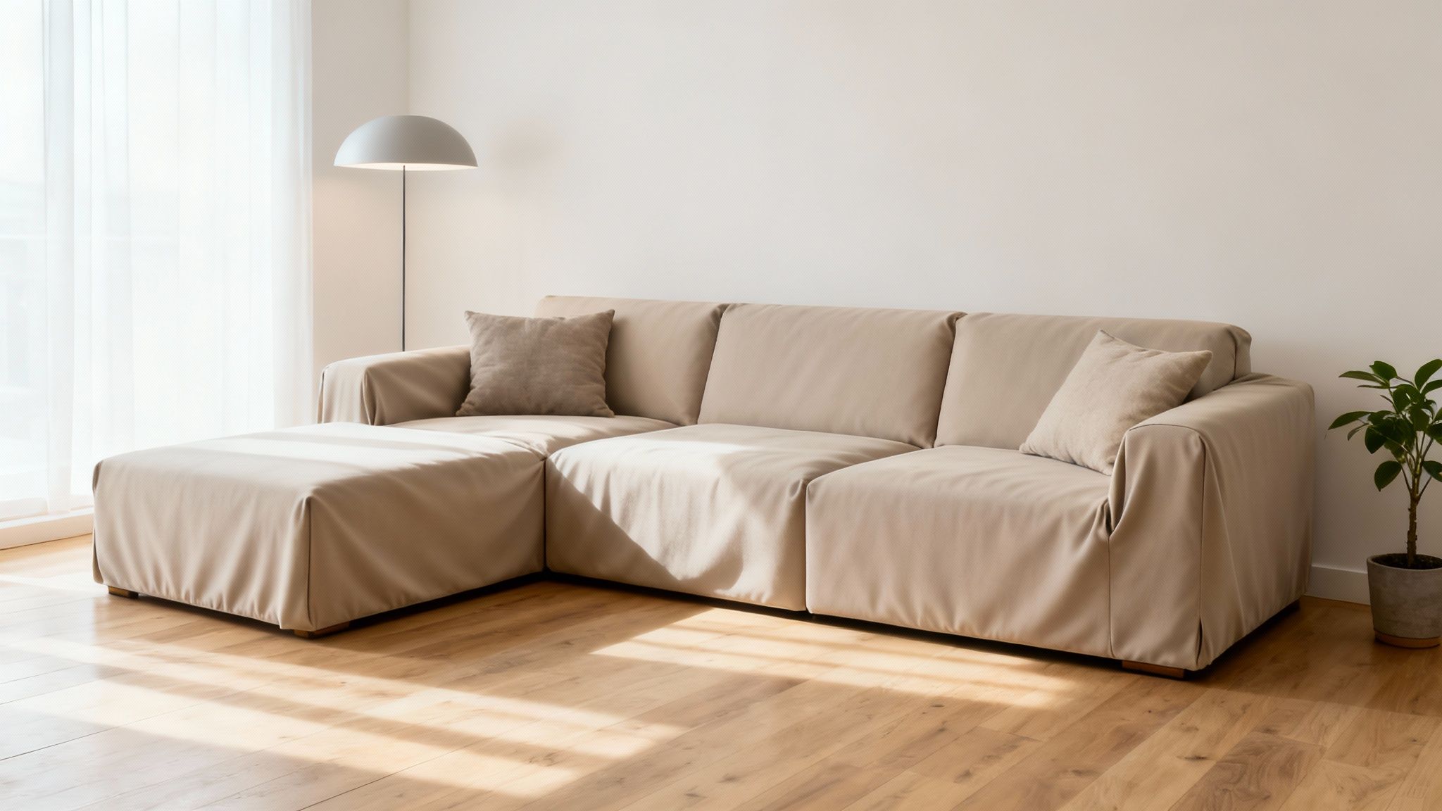Beige modular sectional sofa in a bright, minimalist living room with wooden floor.