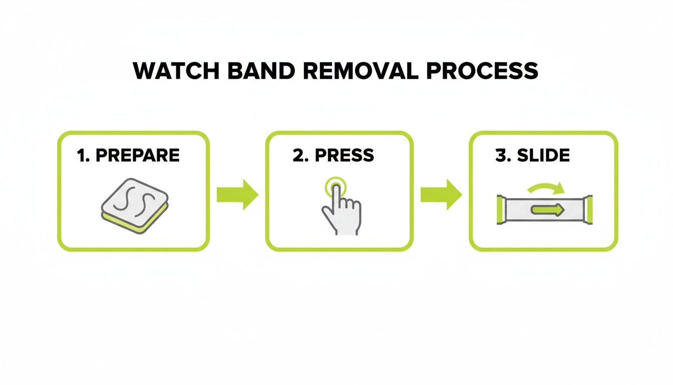 Illustration showing a three-step watch band removal process: prepare, press, and slide icons.